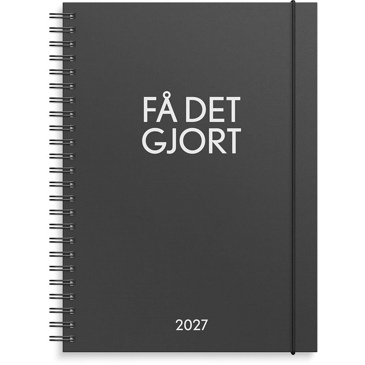 Svart almanacka för 2026 med text FÅ DET GJORT och spiralbindning