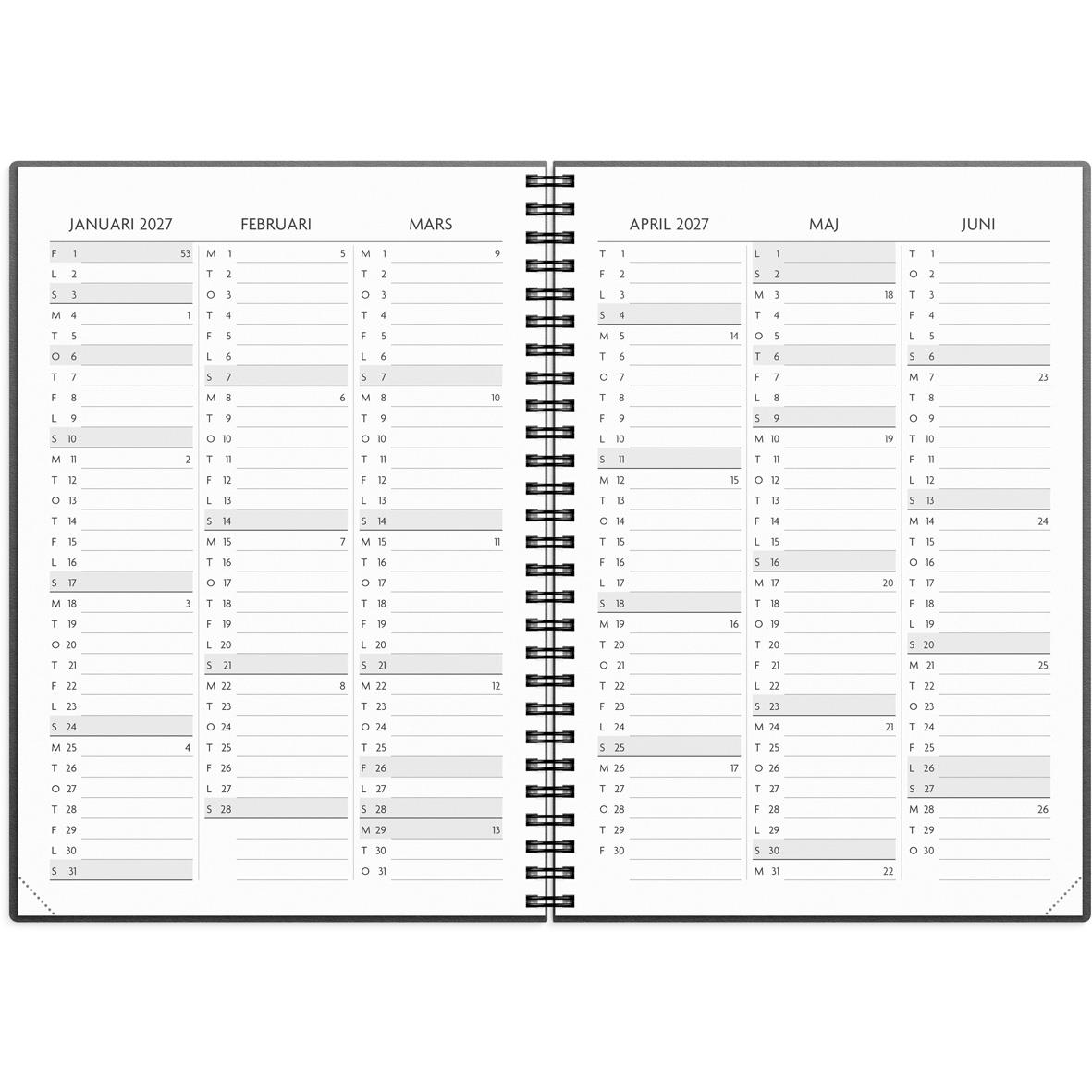 Tvåsidig kalender för januari till juni 2027 med tomma datumfält