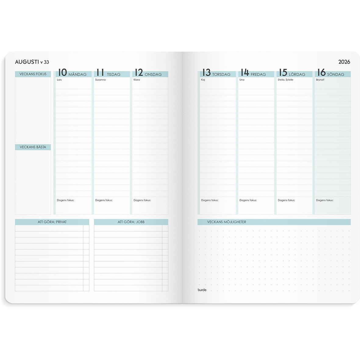 Öppen veckoplanerare för augusti 2026 med dagar och utrymme för anteckningar och mål