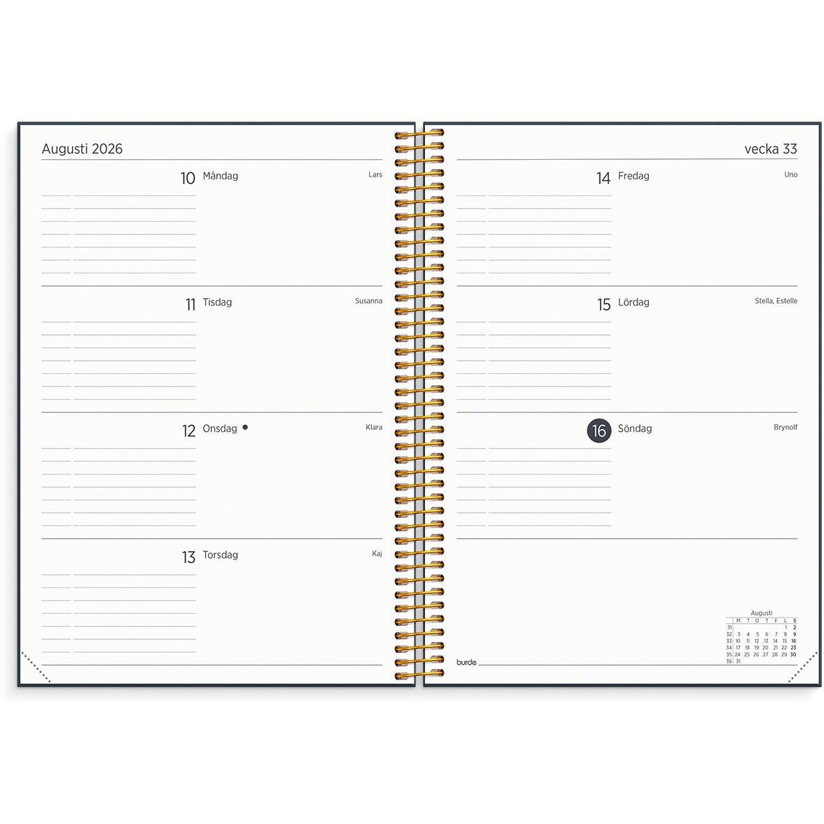 Översikt av en almanacka för 2026 med veckoplanering och anteckningar för augusti