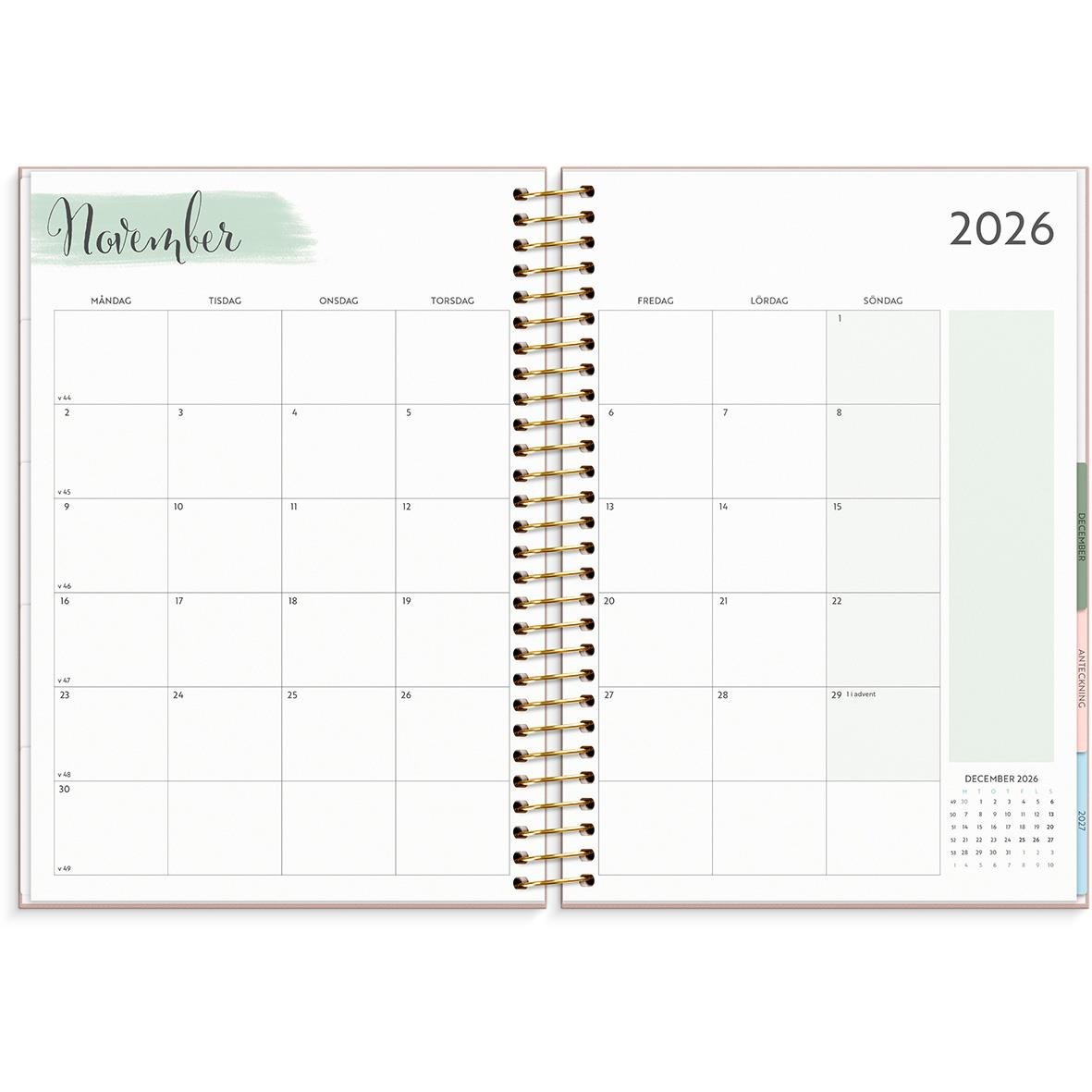 Öppen kalender för november 2026 med plats för anteckningar och blomsterdesign