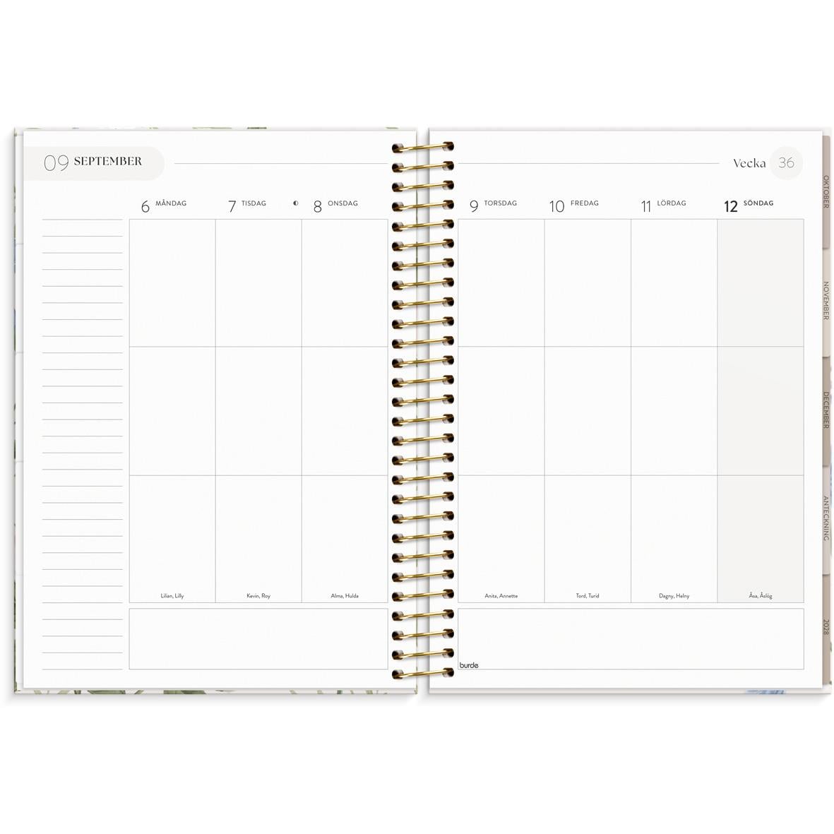 Öppen kalender för november 2026 med plats för anteckningar och blomsterdesign