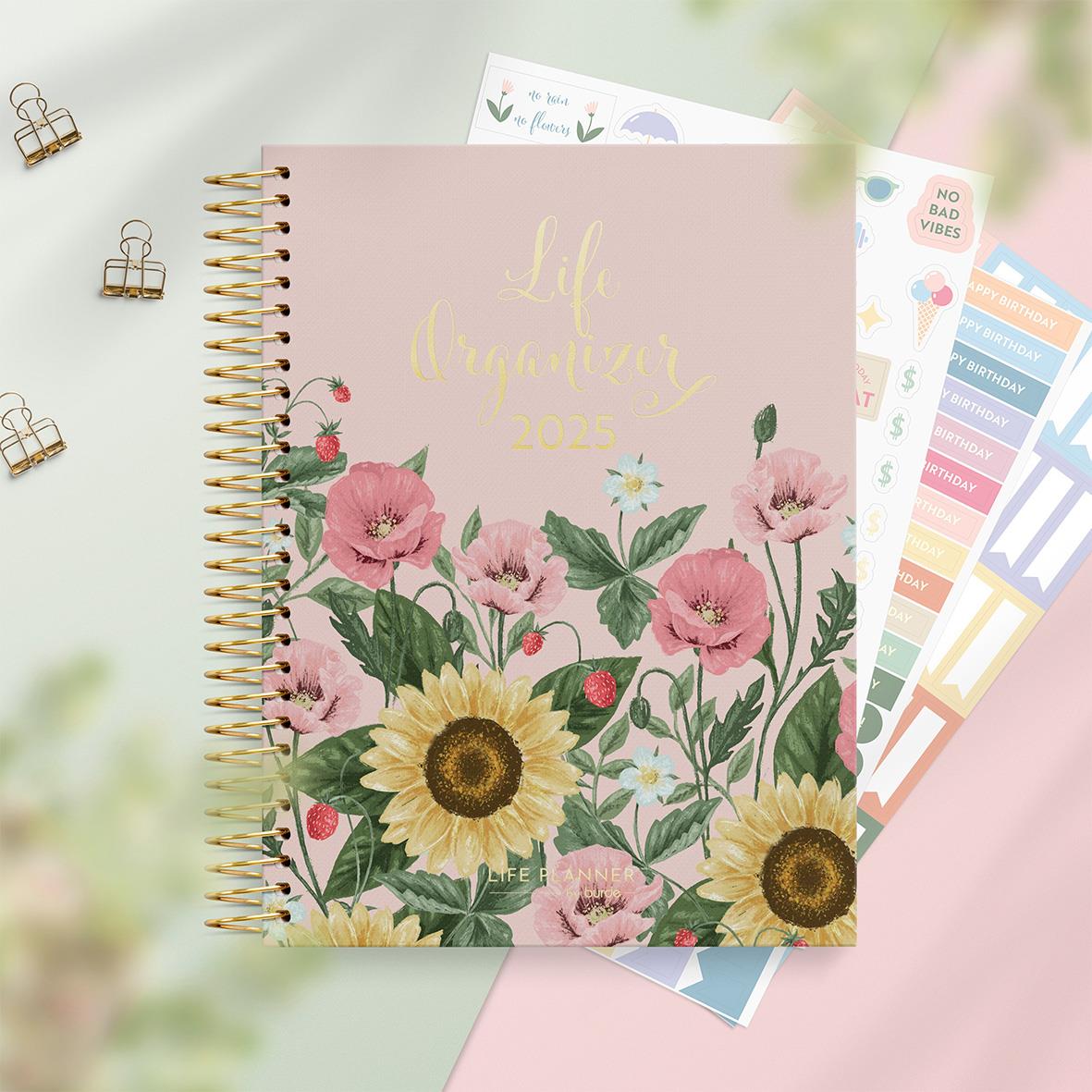 Almanacka Burde 1295 Life Organizer Blommor 2026 med blommig rosa omslag och guldtext