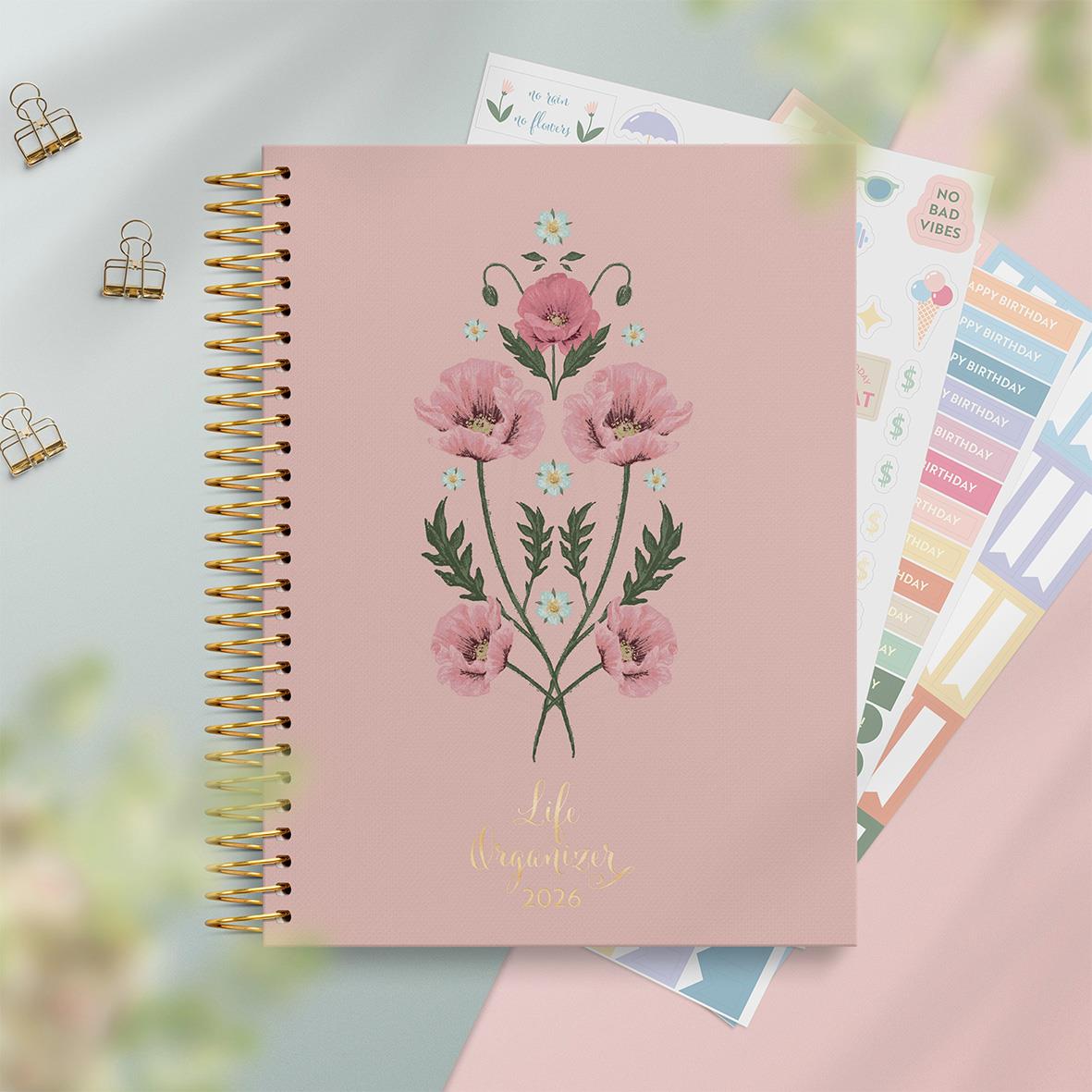 Blommig almanacka Burde 1295 Life Organizer för 2026 med rosa och gröna färger