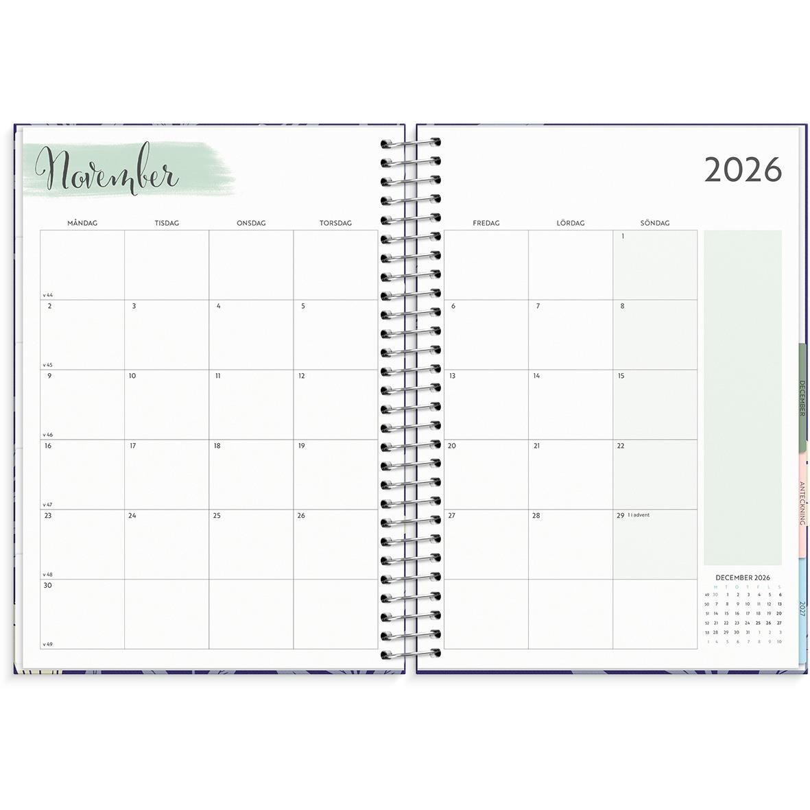 Grön almanacka för 2026 med veckoplanering och kalender för november