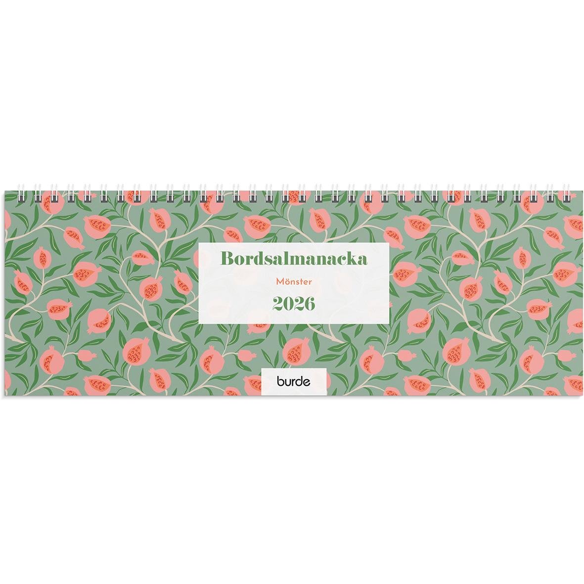 Växtmönstrad bordssalmanacka för 2026 med blommor och blad i grönt och rosa, märkt Burde
