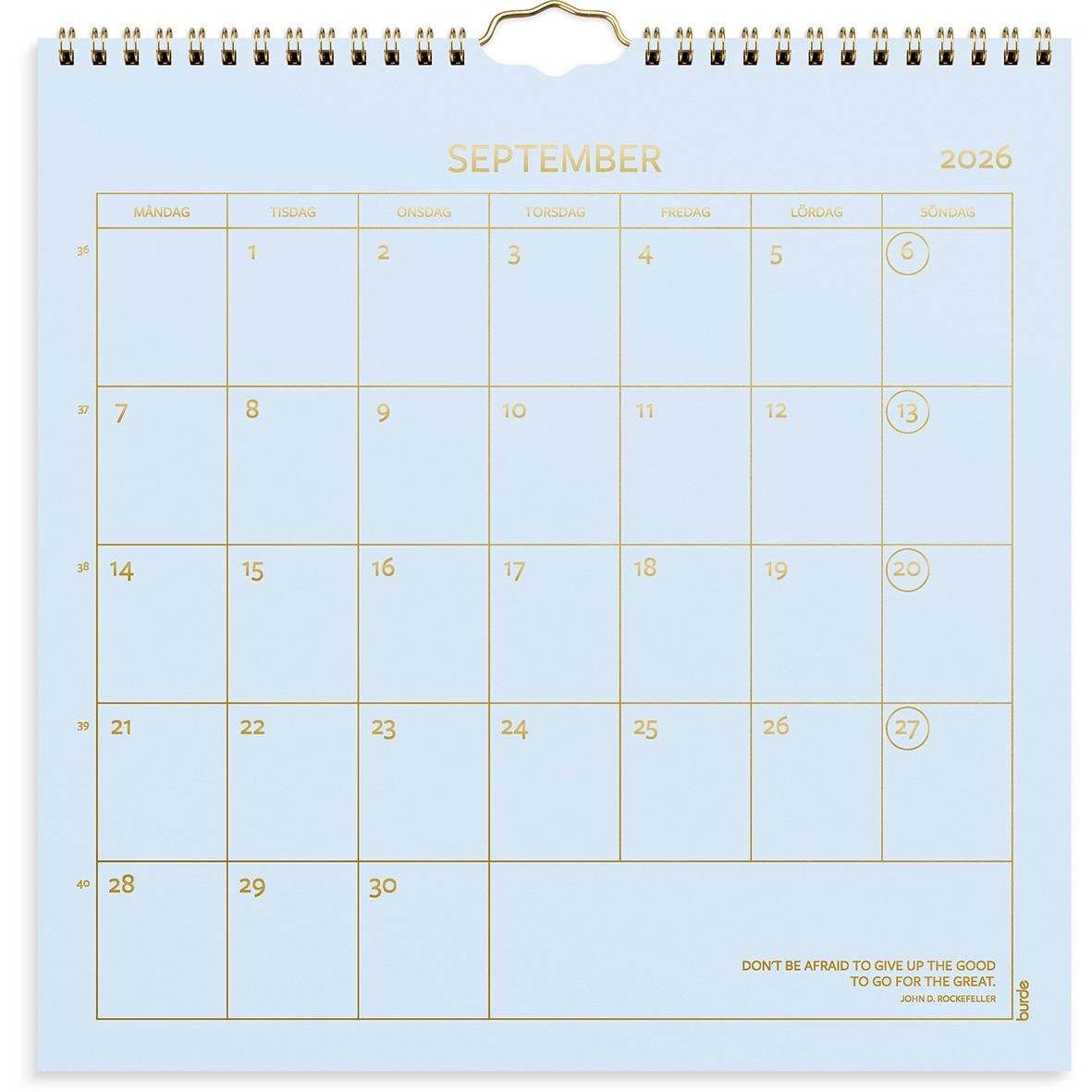 Väggkalender för september 2026 med färgglad design och datum för varje dag