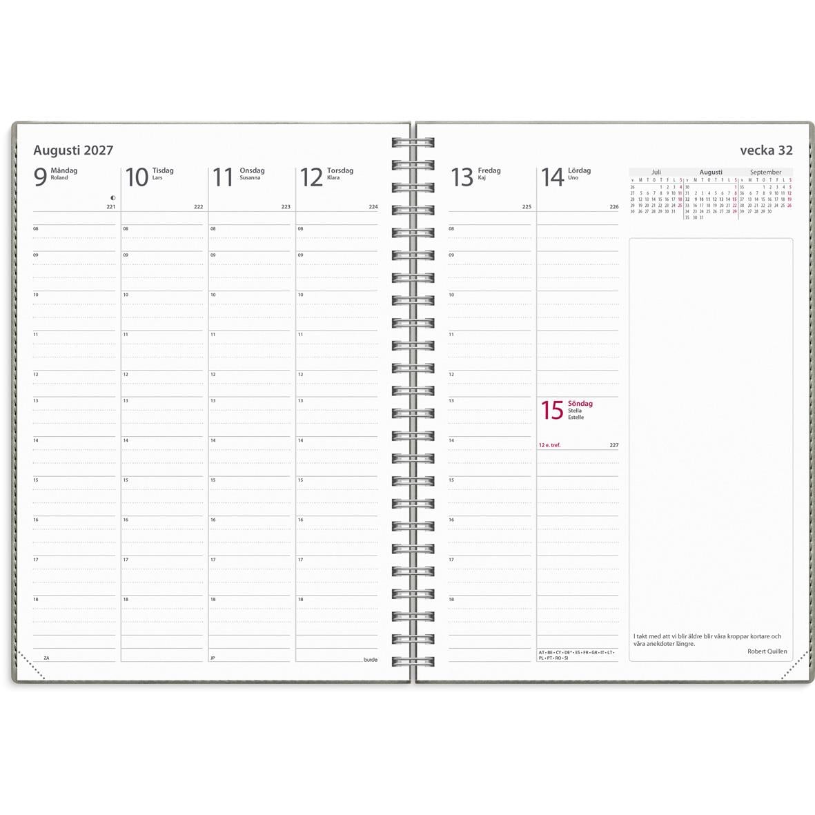 Öppen kalender för vecka 33 2026 med brunt omslag och veckoplanering