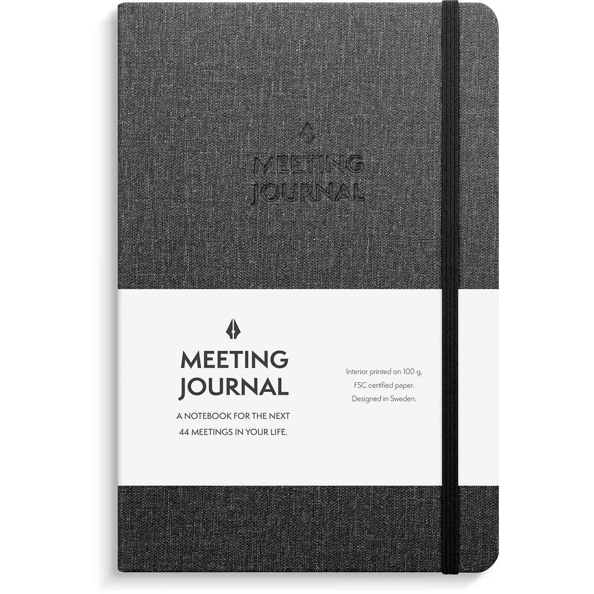 Grå mötesjournal i tyg med elastisk band och vitt etikettområde för anteckningar