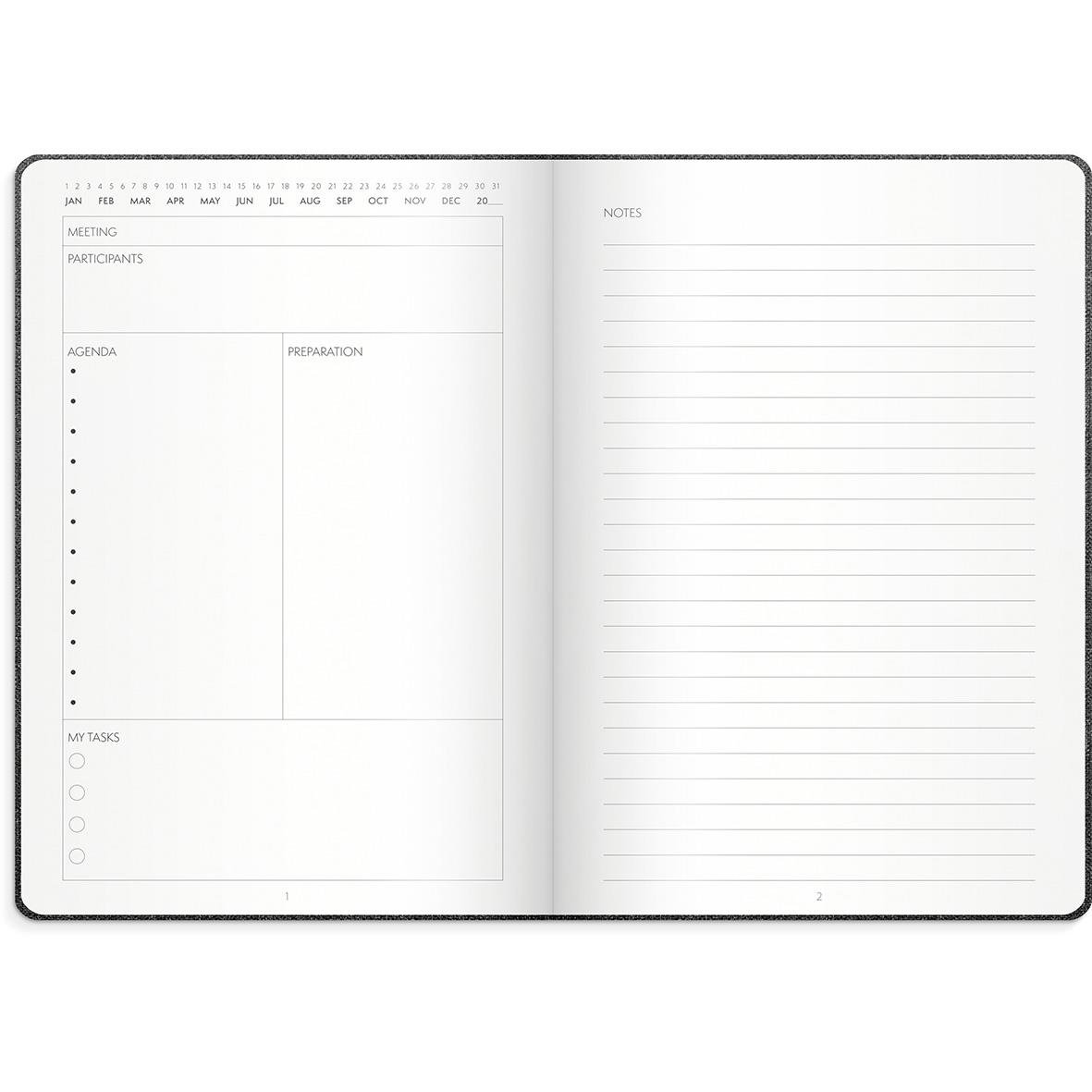 Öppen mötesjournal med plats för datum, anteckningar, agenda och förberedelser