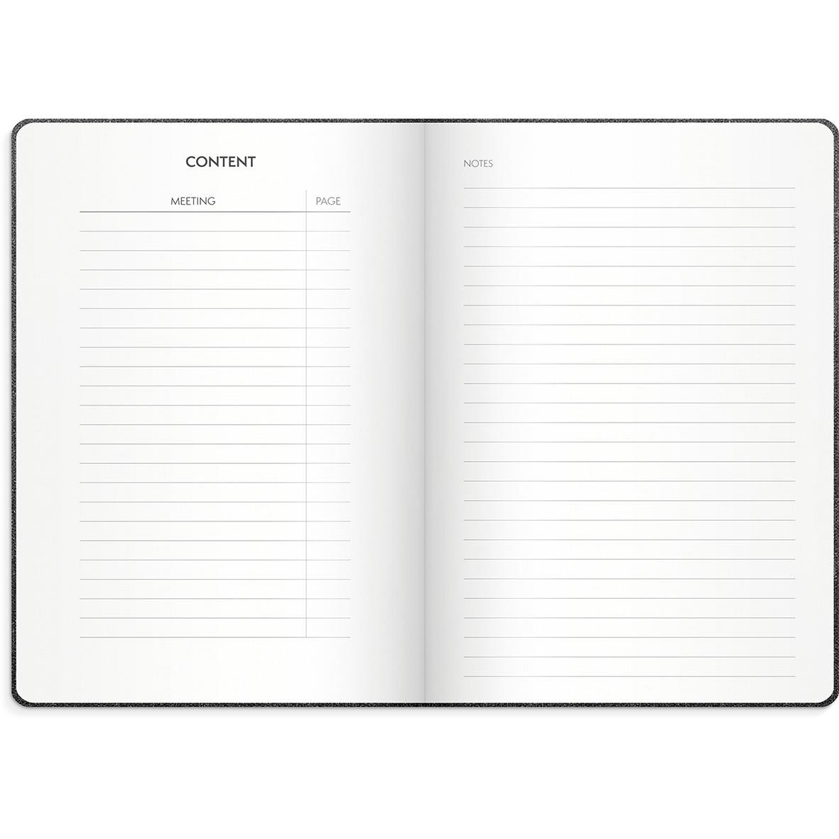 Öppen mötesjournal med innehålls- och noteringssidor för mötesanteckningar