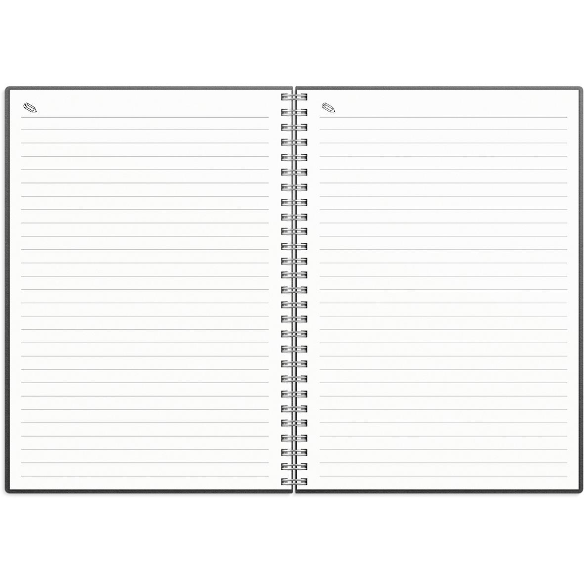 Öppen veckoplanerare i rosa konstläder för 2025 med linjerade sidor och spiralbindning