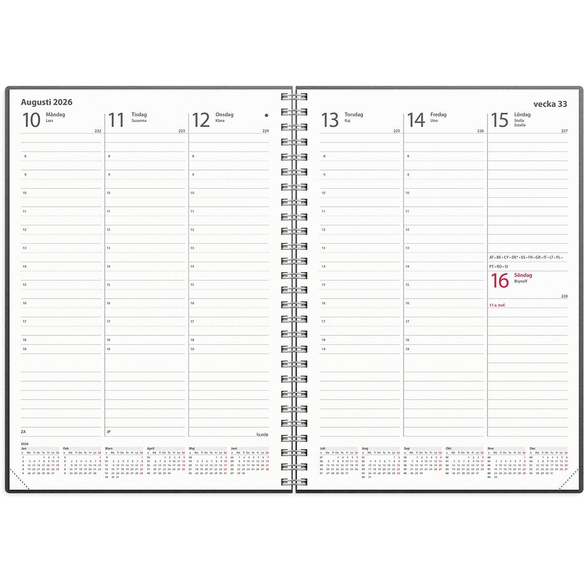 Veckoplanerare för 2026 i konstläder med slejf, A5 storlek, veckovisa sidor för augusti