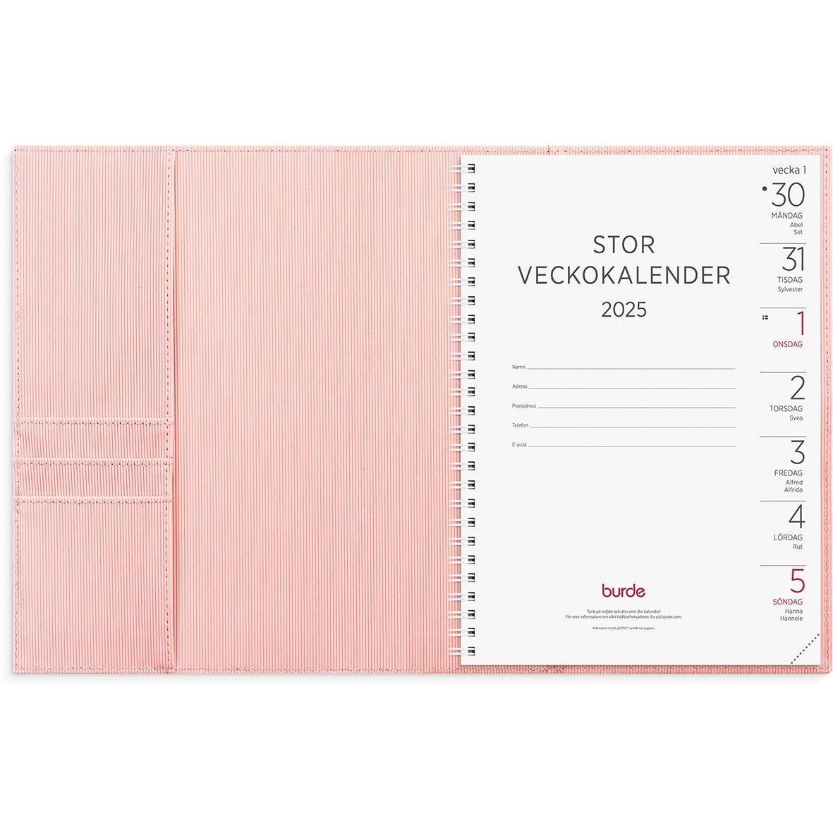 Rosa stor veckokalender för 2025 med spiralbindning och plats för anteckningar