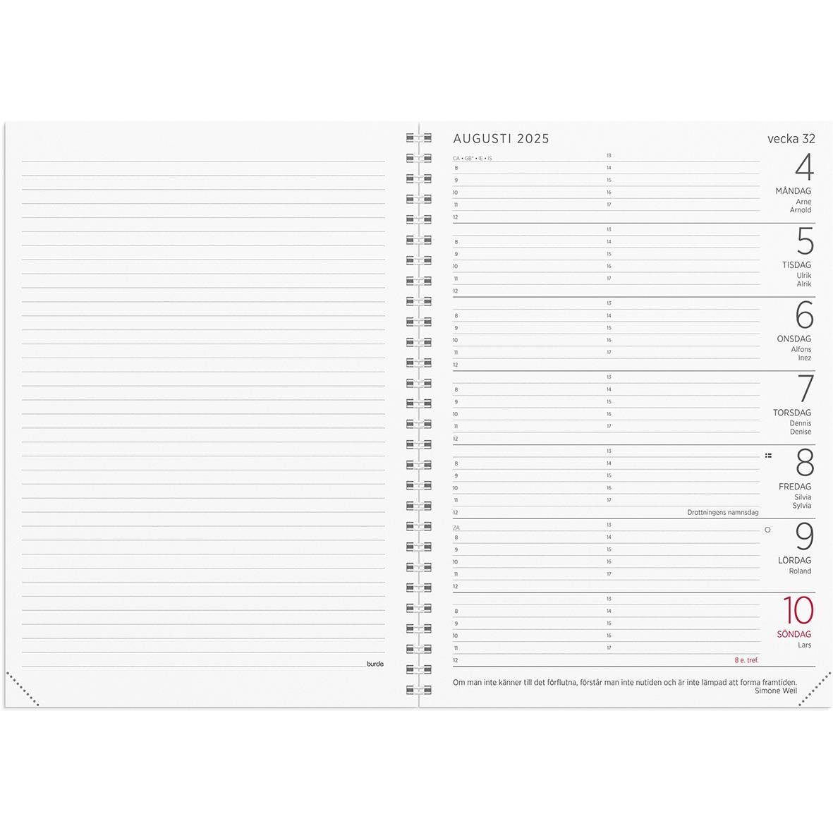 Stor rosa veckokalender för 2025 med veckonummer och plats för anteckningar, A5-format