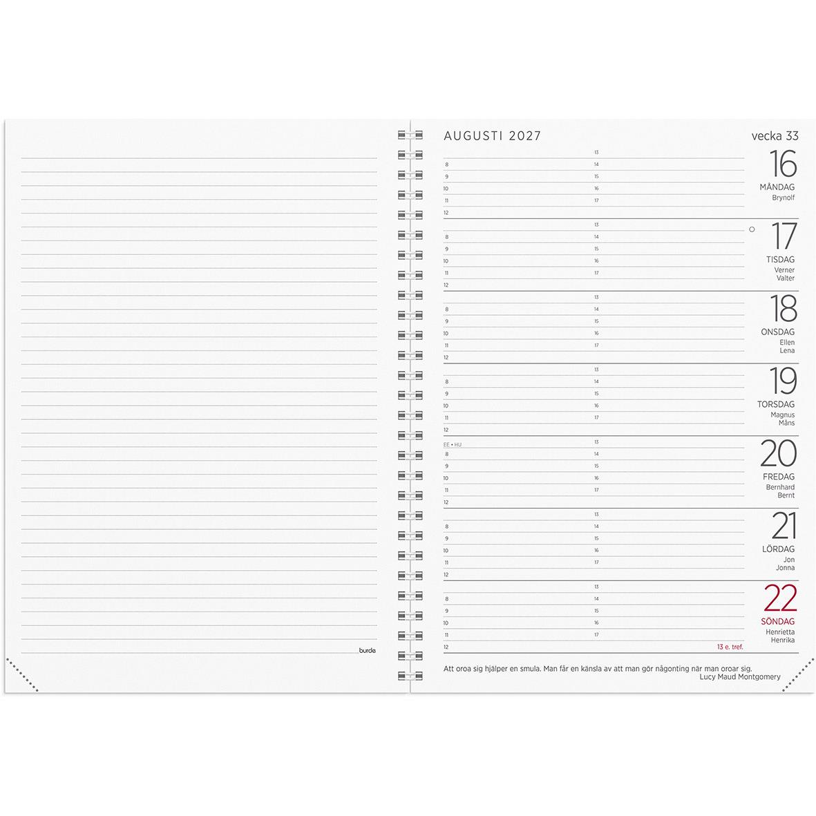 Stor beige veckokalender för 2026 med spiralbindning och plats för anteckningar, A5-format