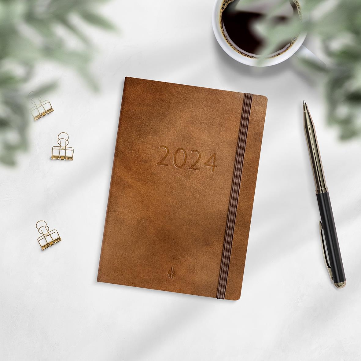 Brun 2024 Almanacka Burde 5961 Liten Vecko Forma Deluxe 2026 i A6 storlek med elastisk band