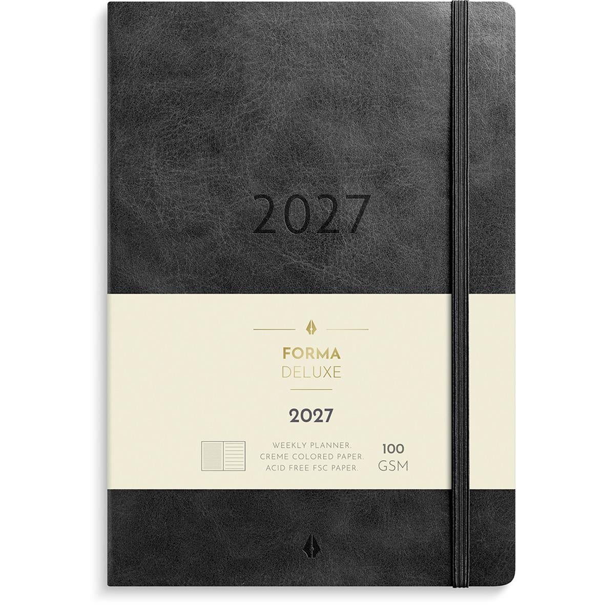 Stor svart veckokalender för 2026 i A5-format med elastisk band och sidmarkör