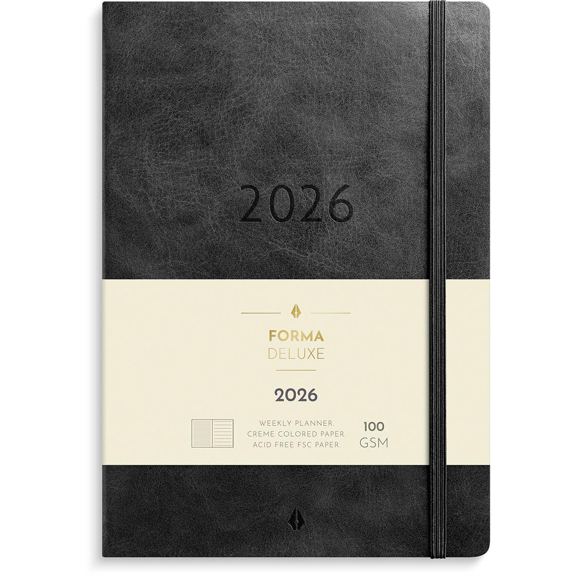 Stor svart veckokalender för 2026 i A5-format med elastisk band och sidmarkör