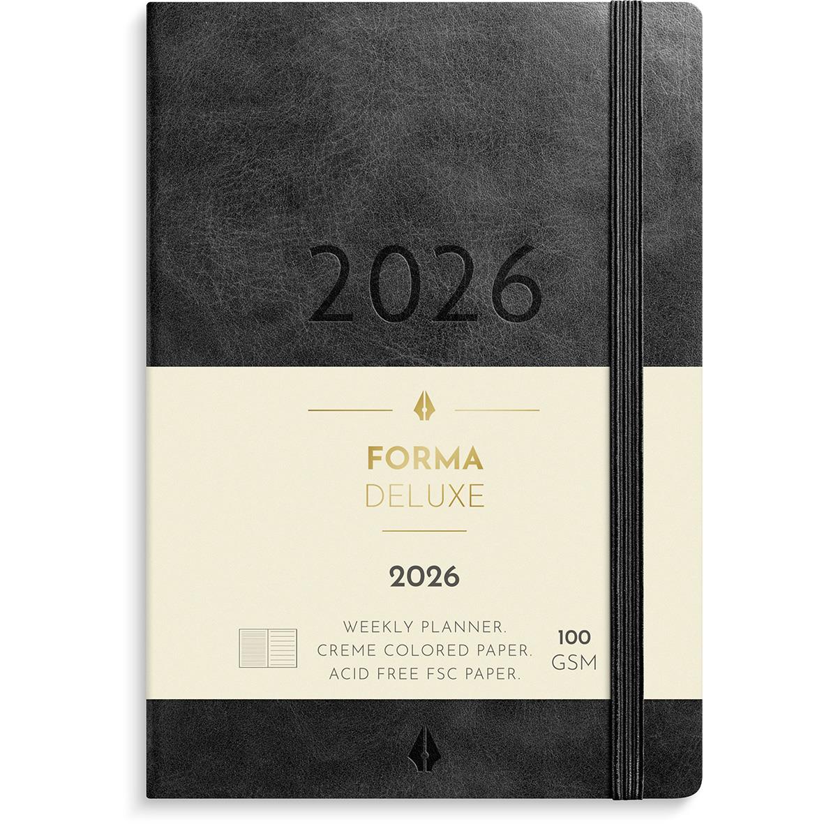 Liten svart veckokalender för 2026 med elastisk band och cremefärgat papper i A6-format