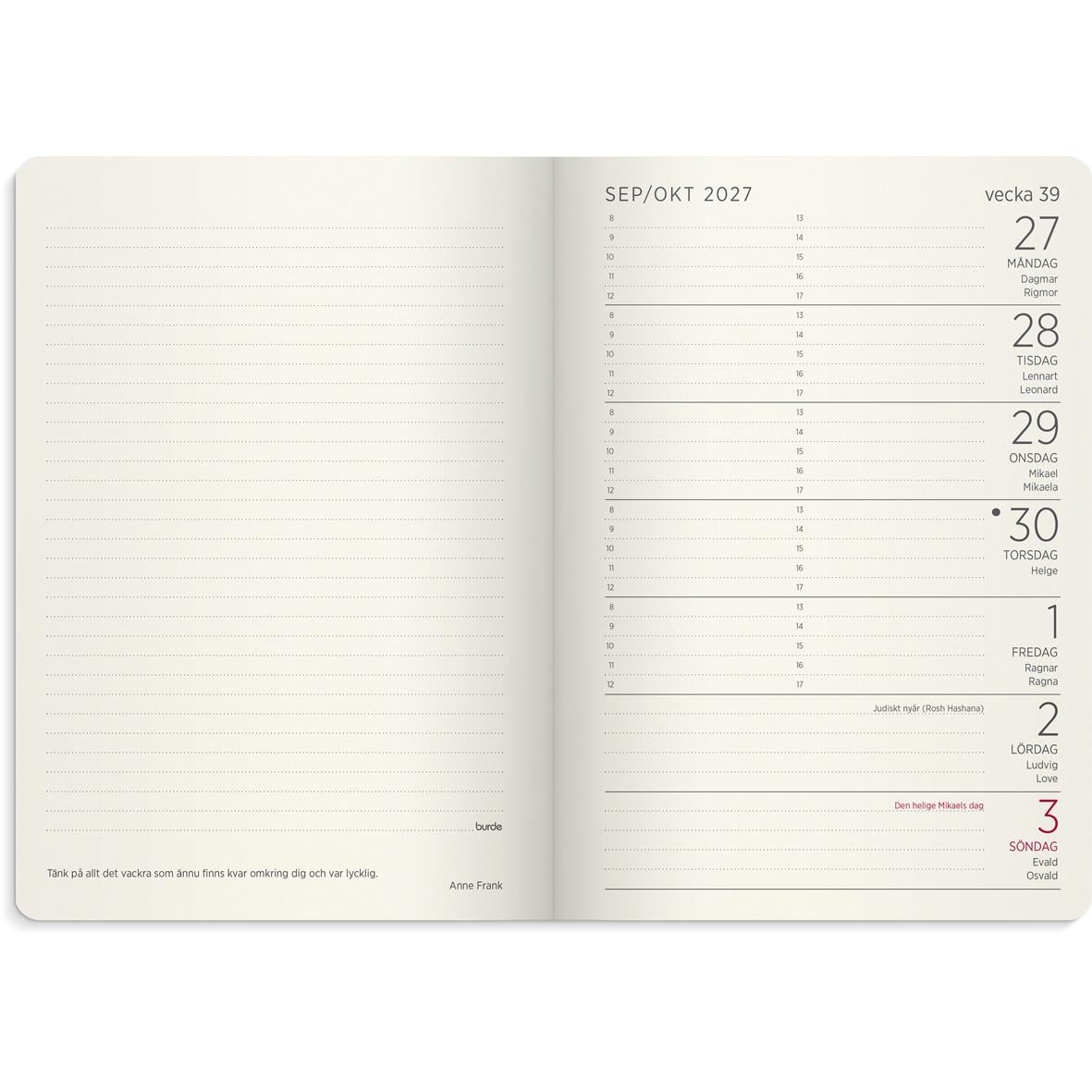 Liten veckokalender för 2026 med veckovisa sidor för augusti, A6-format, deluxe design