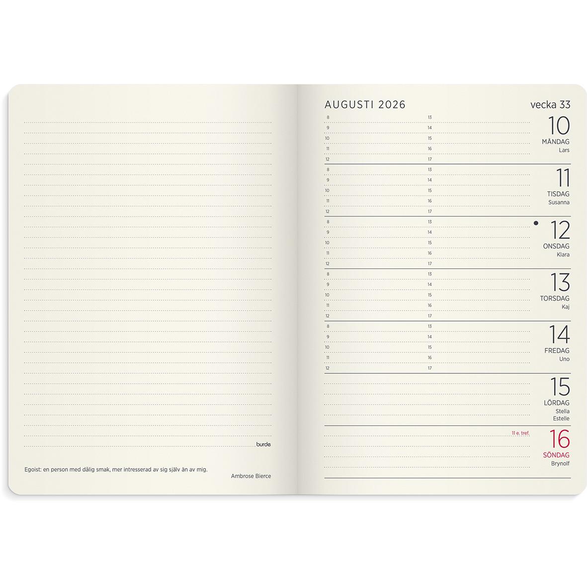 Liten veckokalender för 2026 med veckovisa sidor för augusti, A6-format, deluxe design