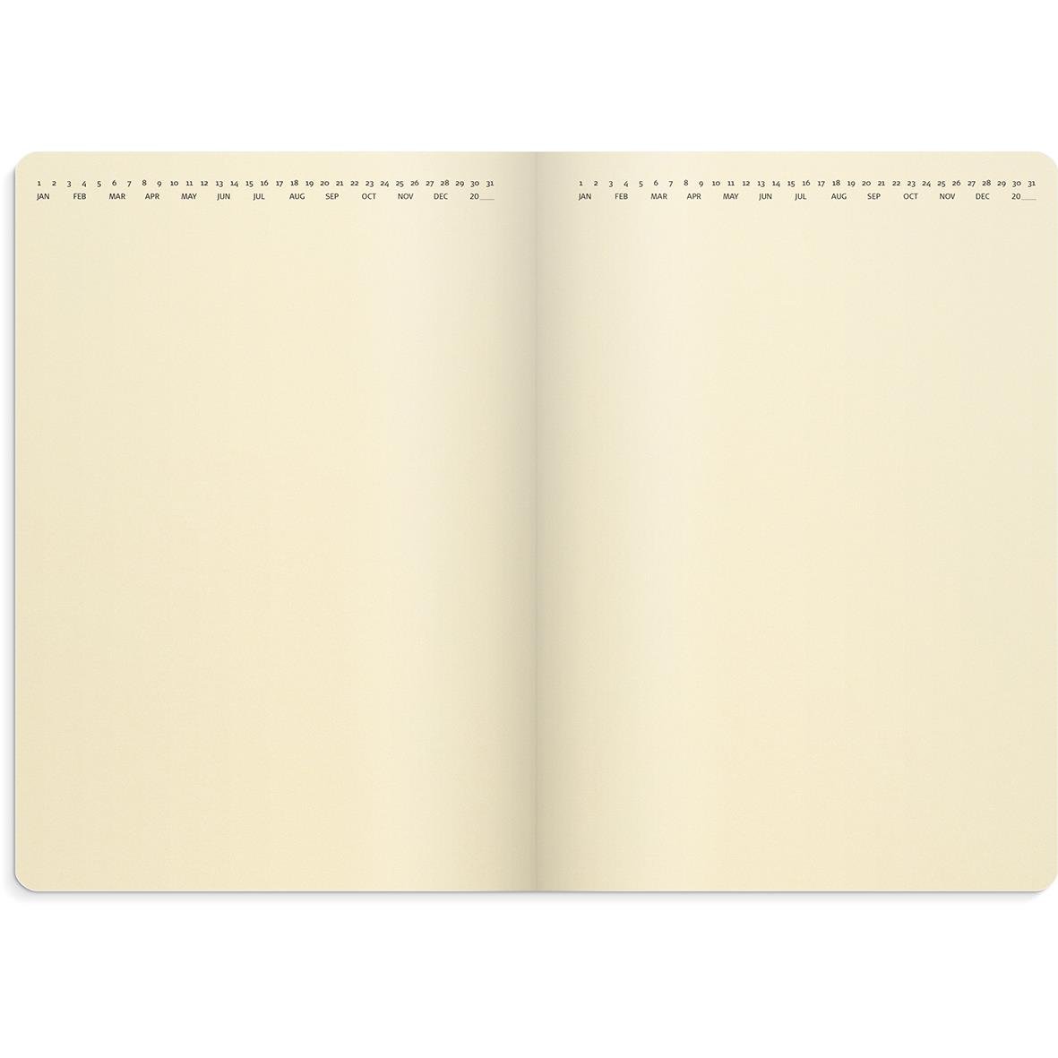 Öppet veckokalender i A6-format med tomma sidor för anteckningar, beige färg