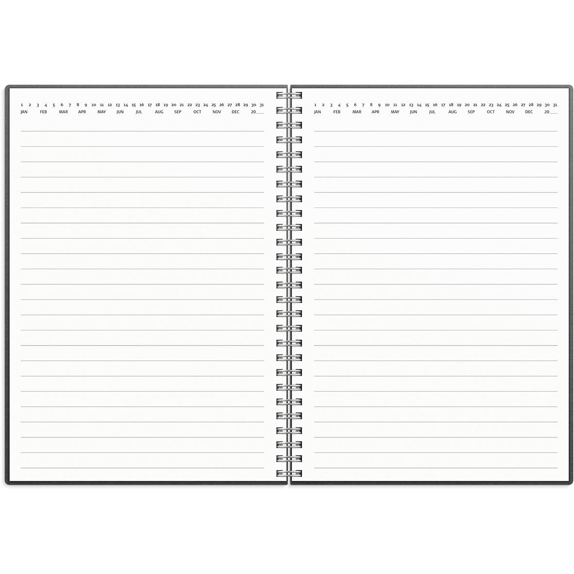 Öppnad stor noteskalender för 2026 med konstläderomslag, A5-format, med linjerade sidor för anteckningar