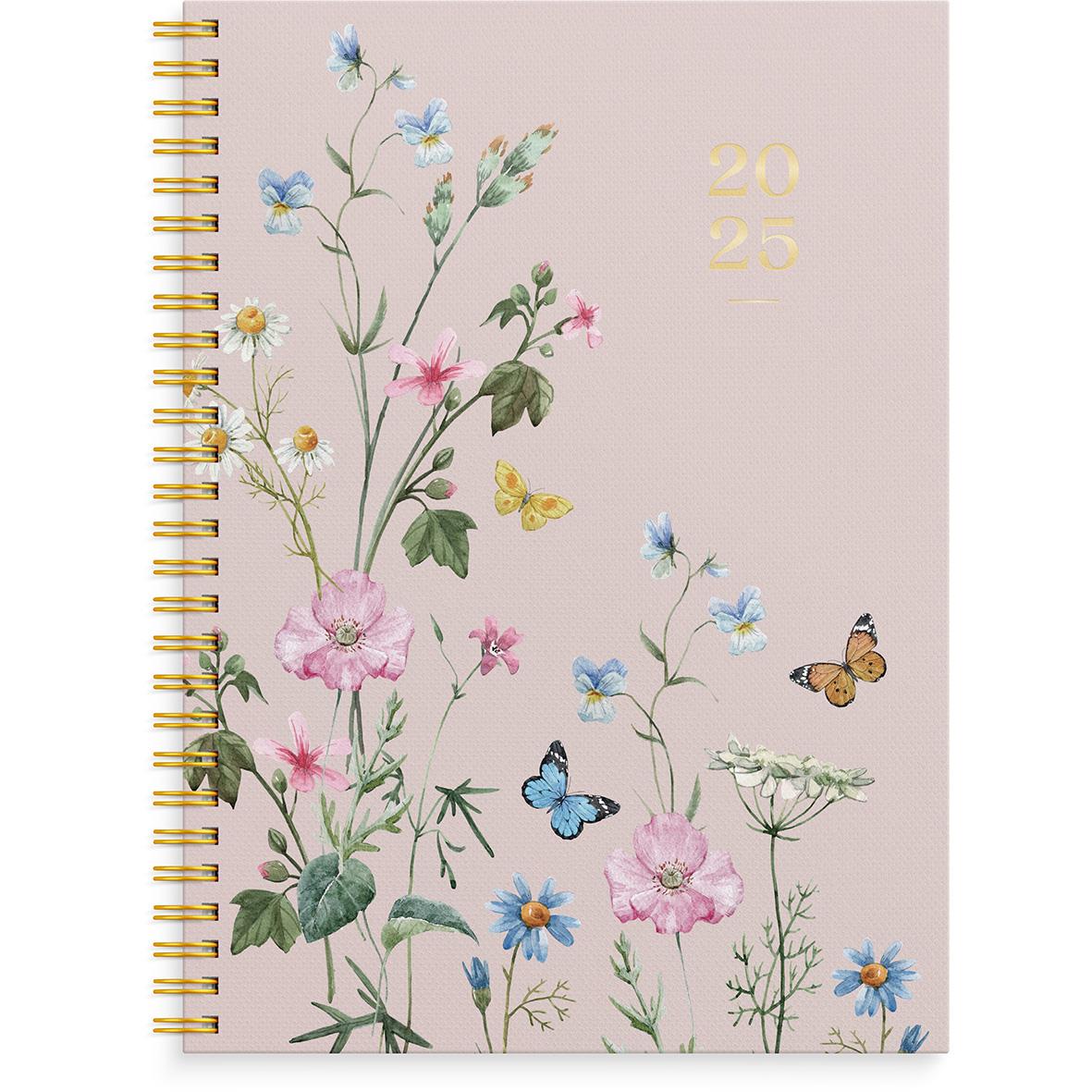 Våralmanacka för 2025 med blommor och fjärilar på rosa bakgrund