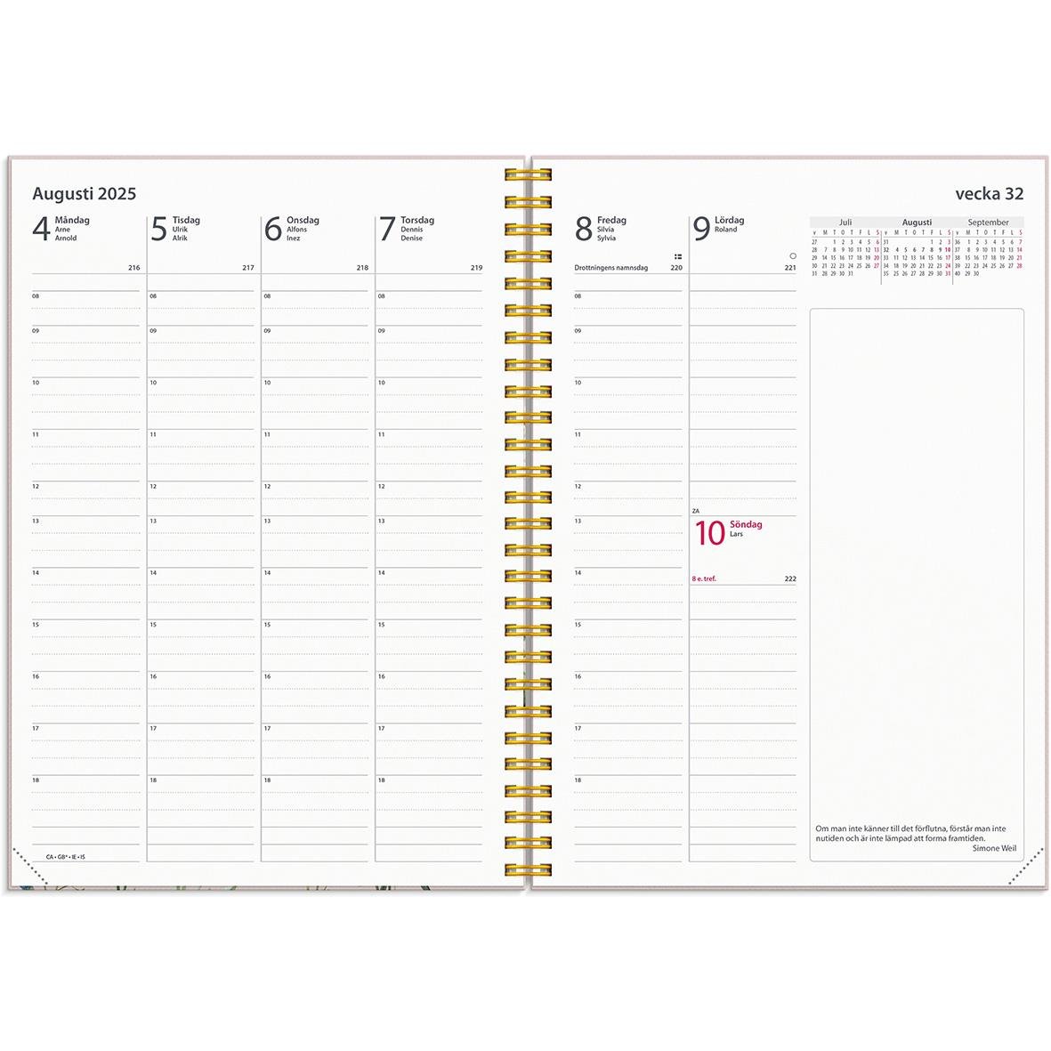 Öppnad almanacka för 2025 med veckoplanering för augusti, visar dagar och datum i en spiralbindad kalender