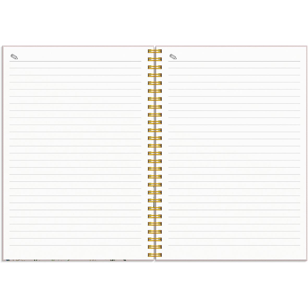 Öppet spiralbundet almanacka för 2025 med linjerade sidor och blomsterdesign på omslaget