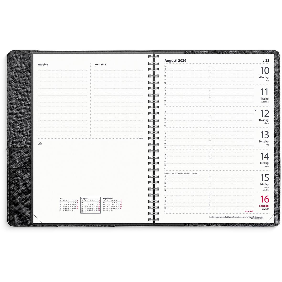 Svart A5 diplomatisk almanacka för 2026 med konstläderomslag och veckoplanering