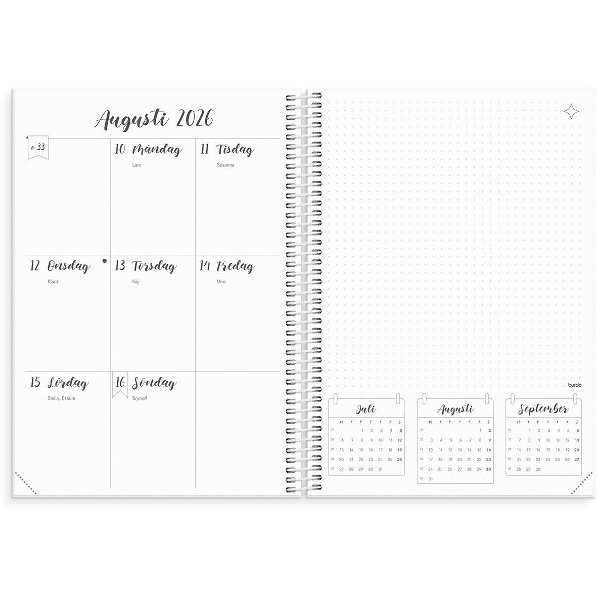 Öppnad almanacka för augusti 2026 med veckoplanering och tre små kalendrar för augusti och september