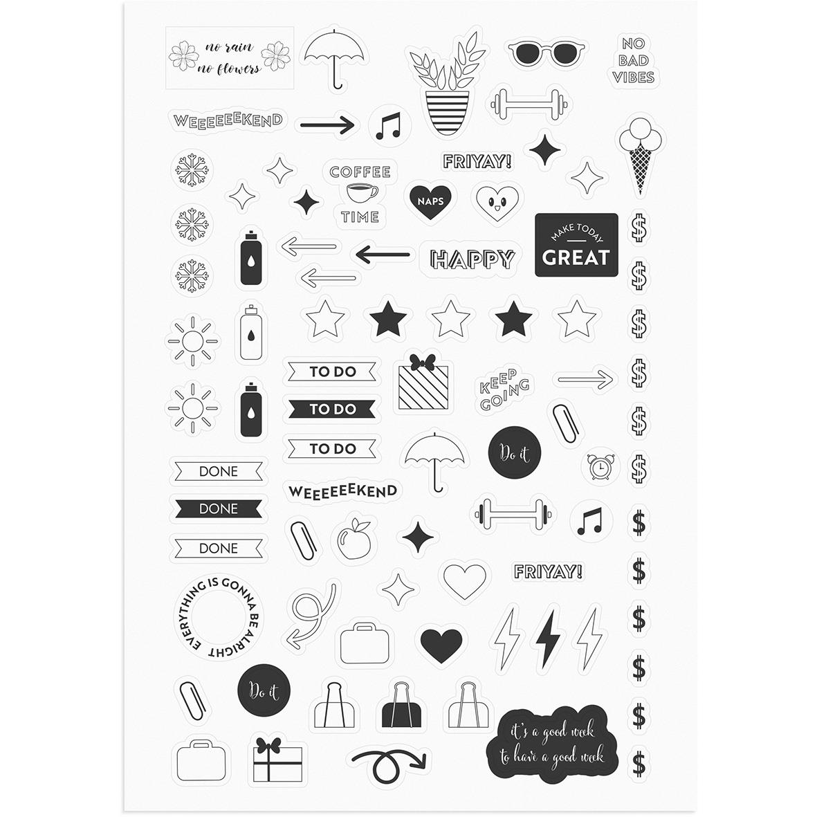 Svartvit kalender med doodle-ikoner som blommor, sol, hjärtan, stjärnor, paraply, och text som Happy, To Do, Done, och Dr. it