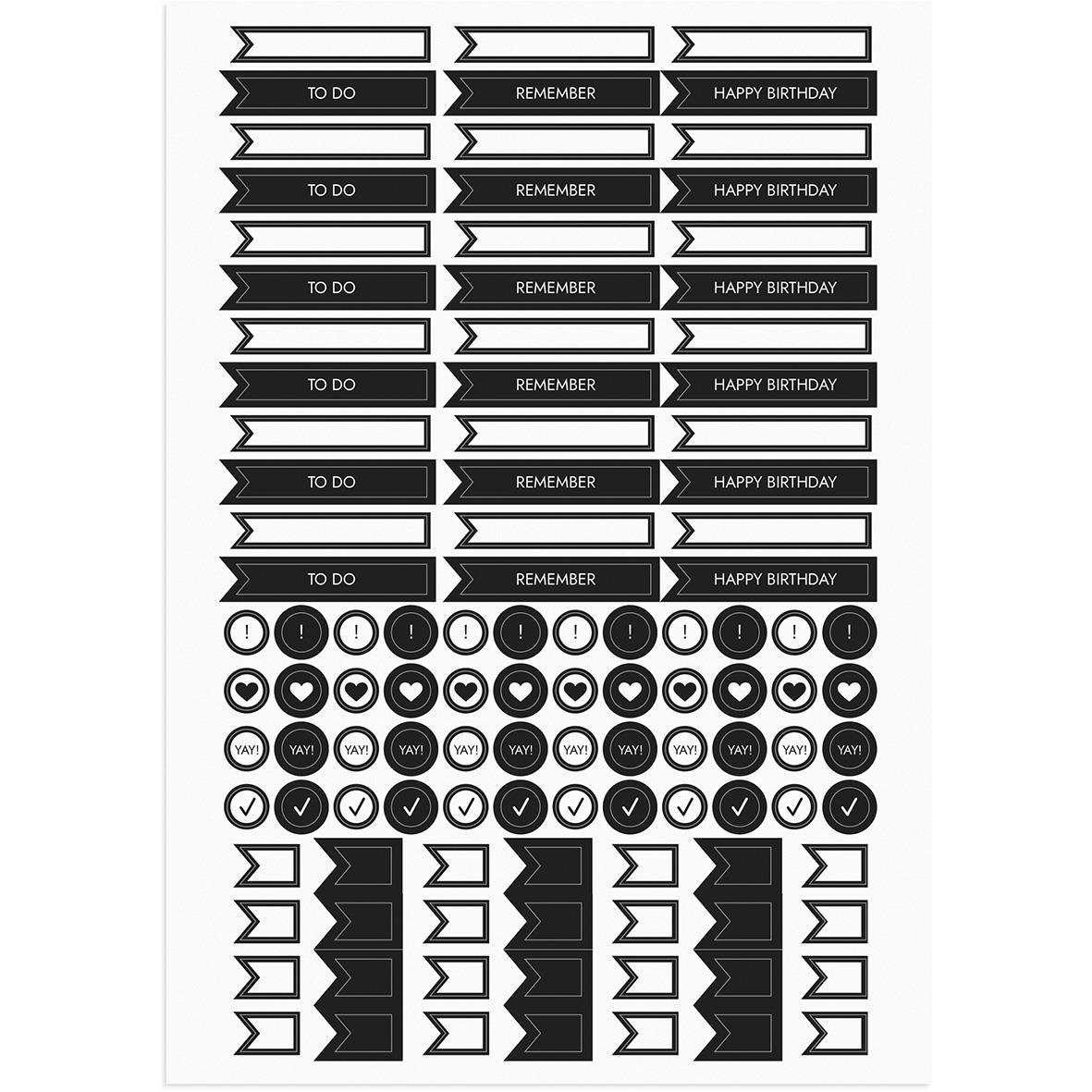 Svartvita klistermärken för att skriva att göra-listor, påminnelser och födelsedagar i en almanacka