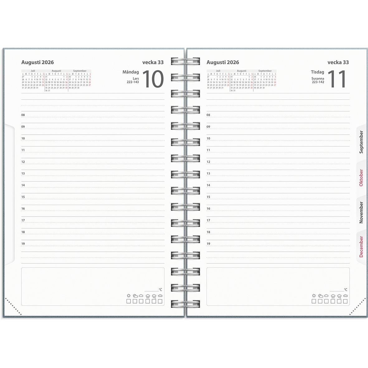 Öppen dagbok för 2026 med blått tygomslag, veckoplanering, datum och plats för anteckningar, 135x205mm