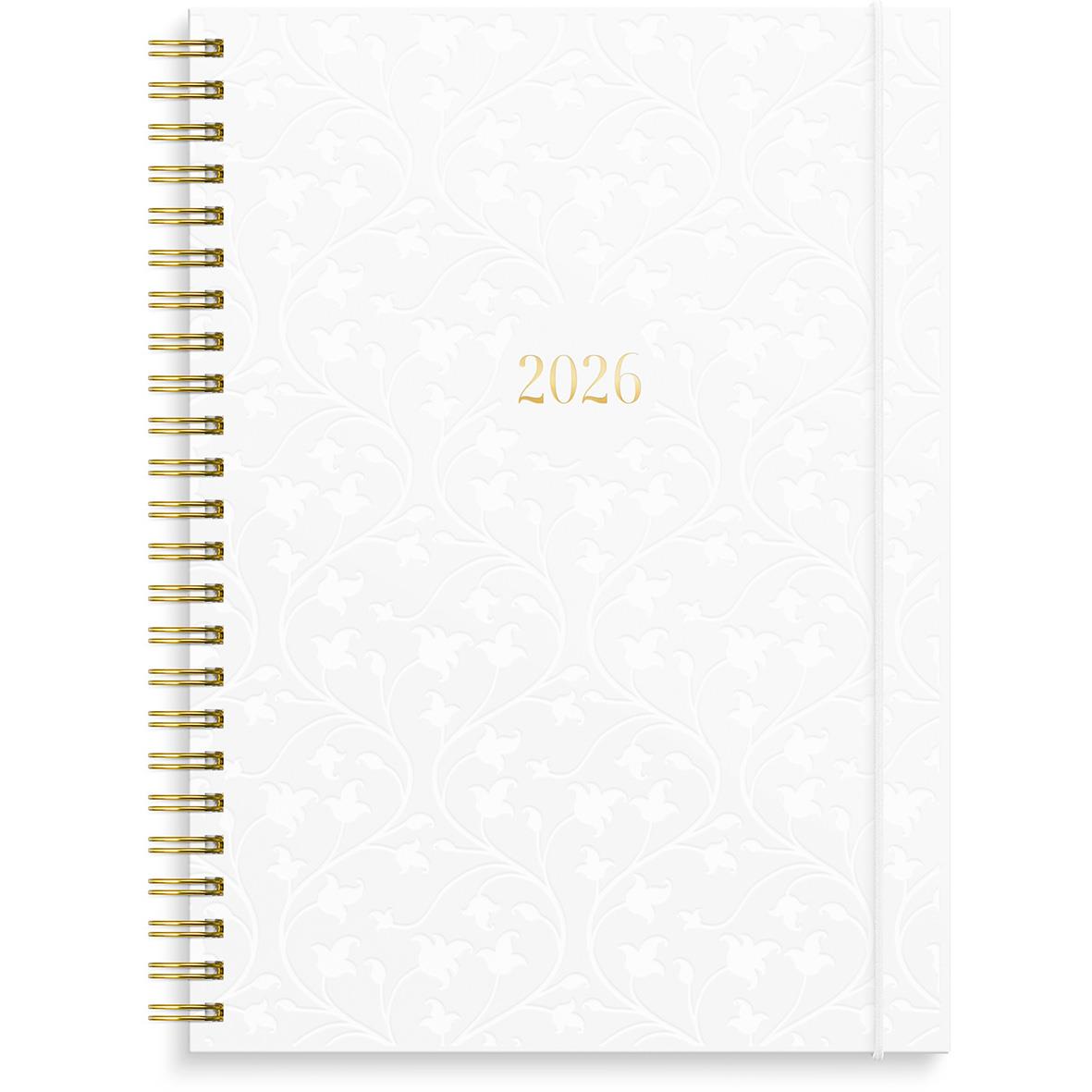 Vit almanacka för 2026 med guldfärgad text och spiralrygg, A5-storlek, designad för affärsbruk