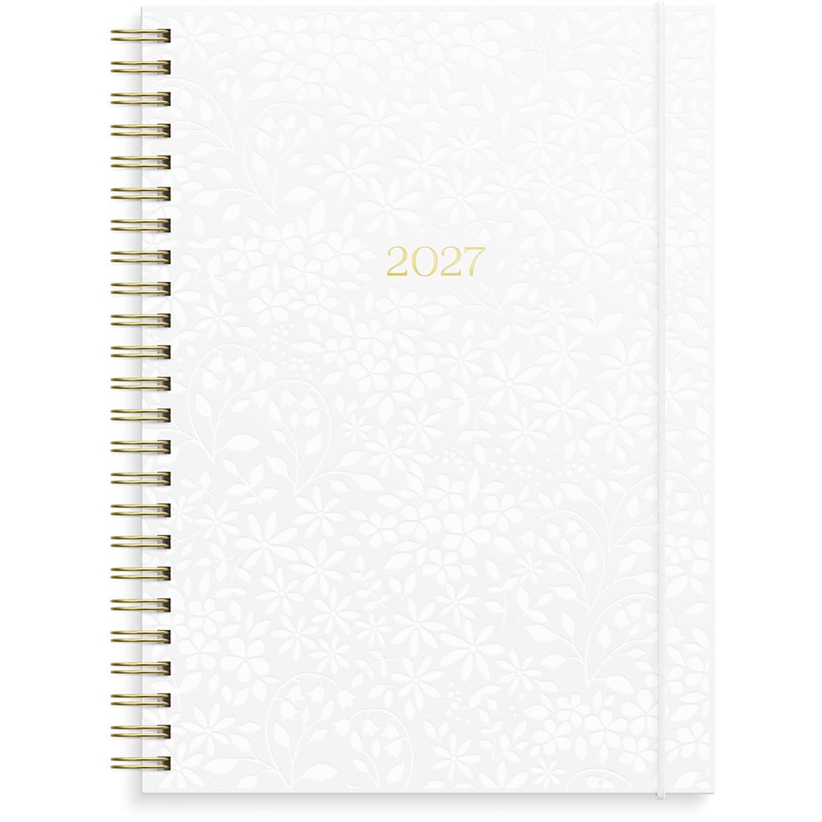 Vit almanacka för 2026 med guldfärgad text och spiralrygg, A5-storlek, designad för affärsbruk