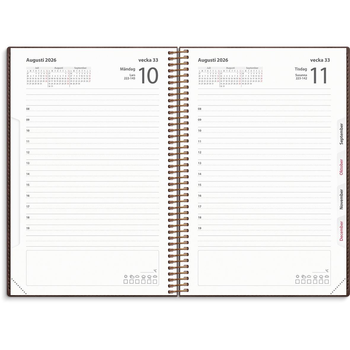 Brun Almanacka Burde 5578 Dagbok Twist 2026 135x205mm öppnad med veckoplanering för augusti
