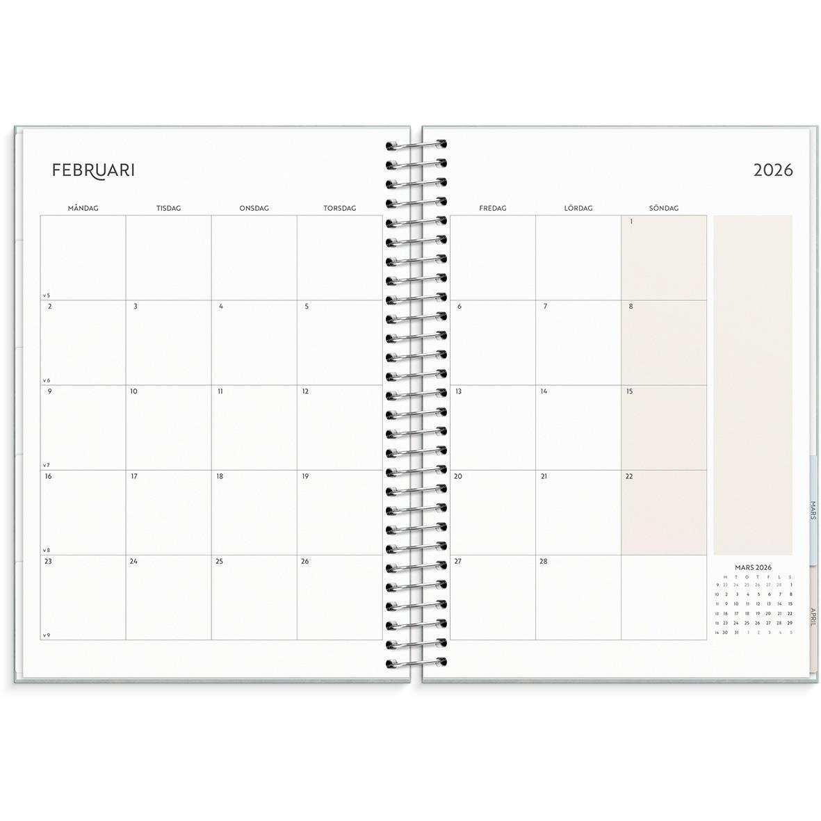 Årskalender för februari 2026 med plats för planering och familjeorganisering i en spiralbunden almanacka
