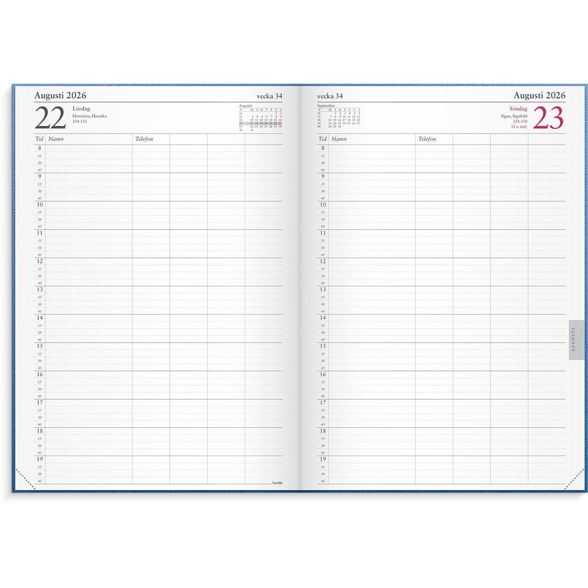 Översikt av en 2026 års almanacka med tidjournal och kartongomslag för augusti