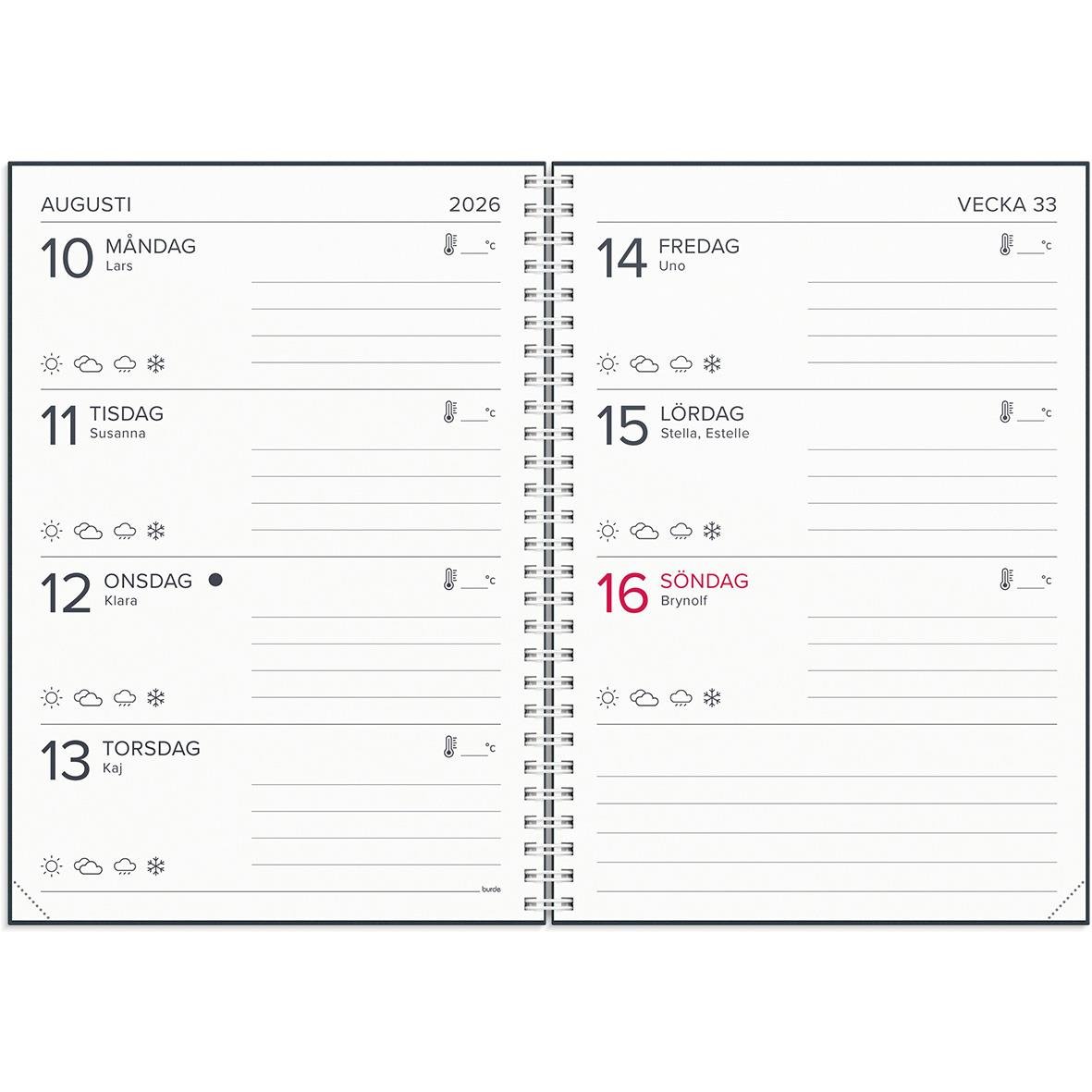 Översikt av augusti 2026 i Almanacka Burde 1068 XL-Kalendern med datum och veckonummer