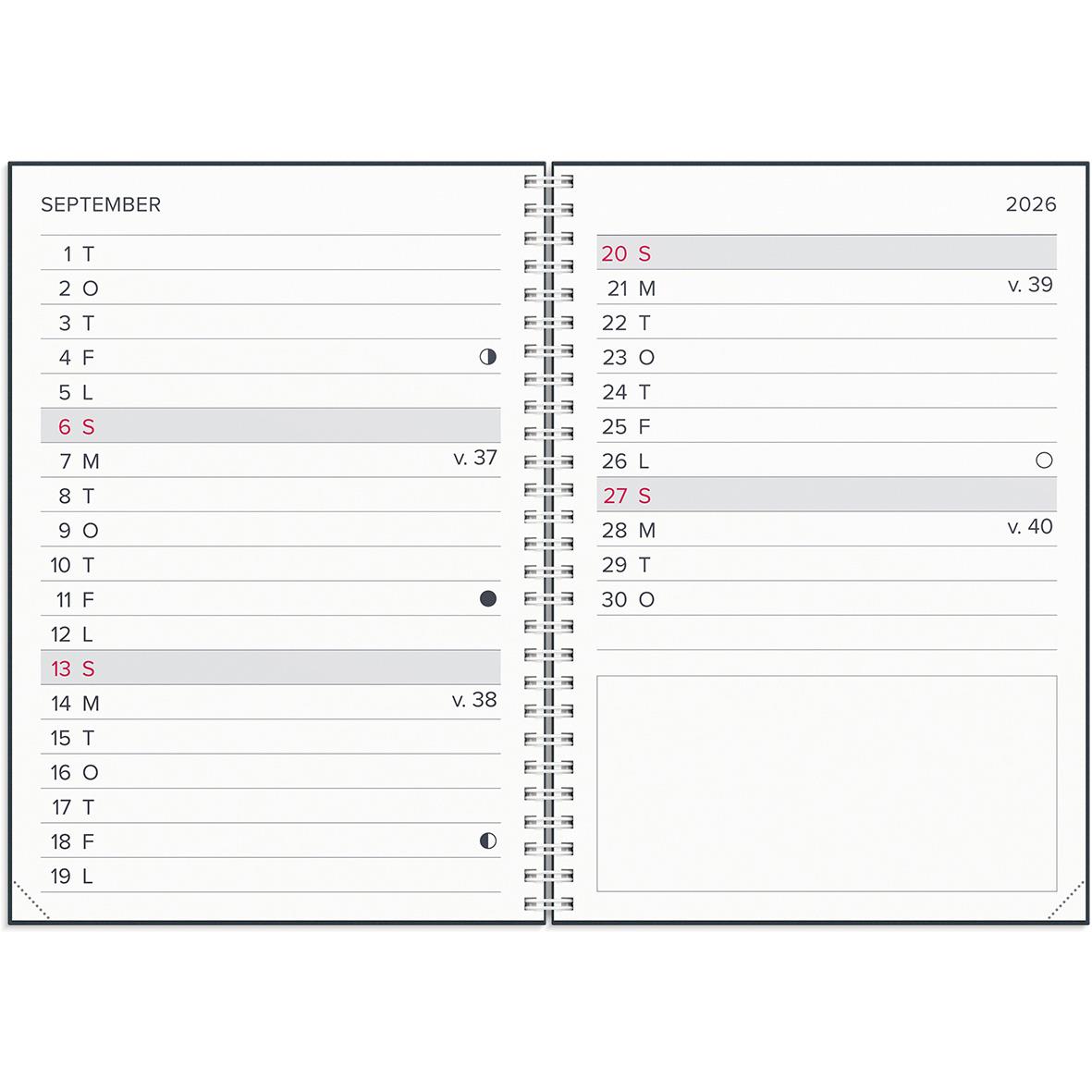 Stor Almanacka Burde 1068 XL-Kalendern för 2026 med veckovisa sidor för september
