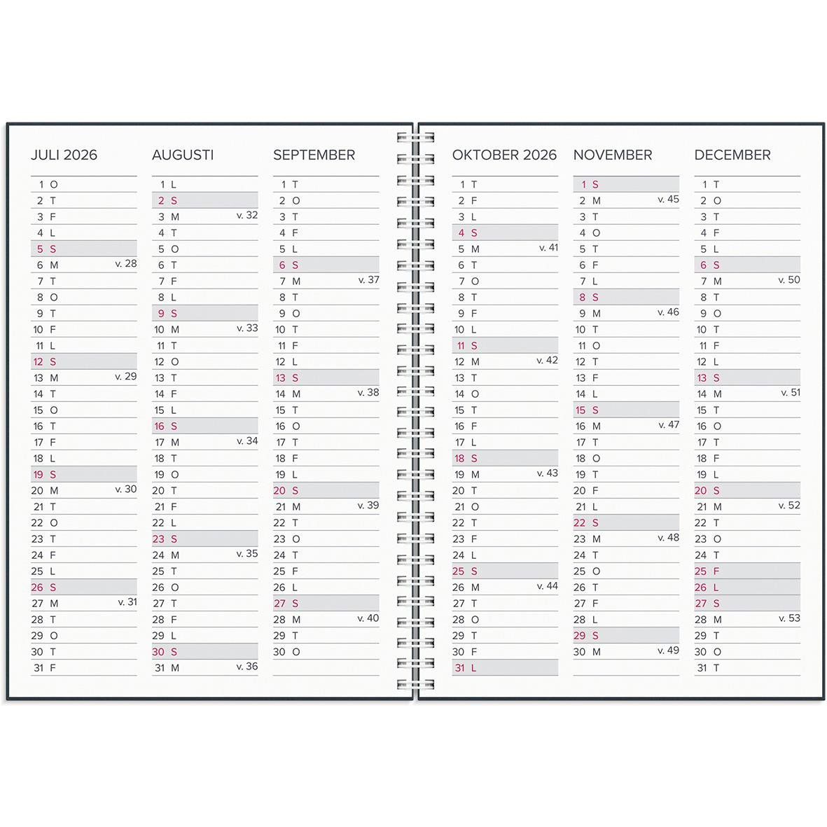 Årsalmanacka för 2026 med helgdagar och datum för juli till december, XL-Kalendern