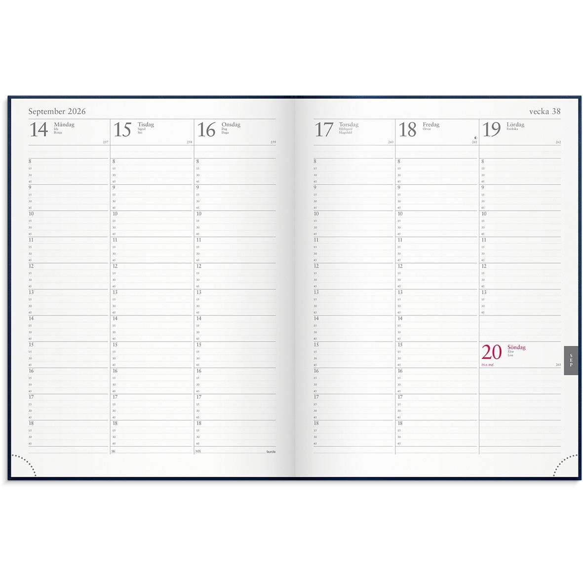 Veckojournal i konstläder med veckoplanering för september 2026, mörkblå inbunden