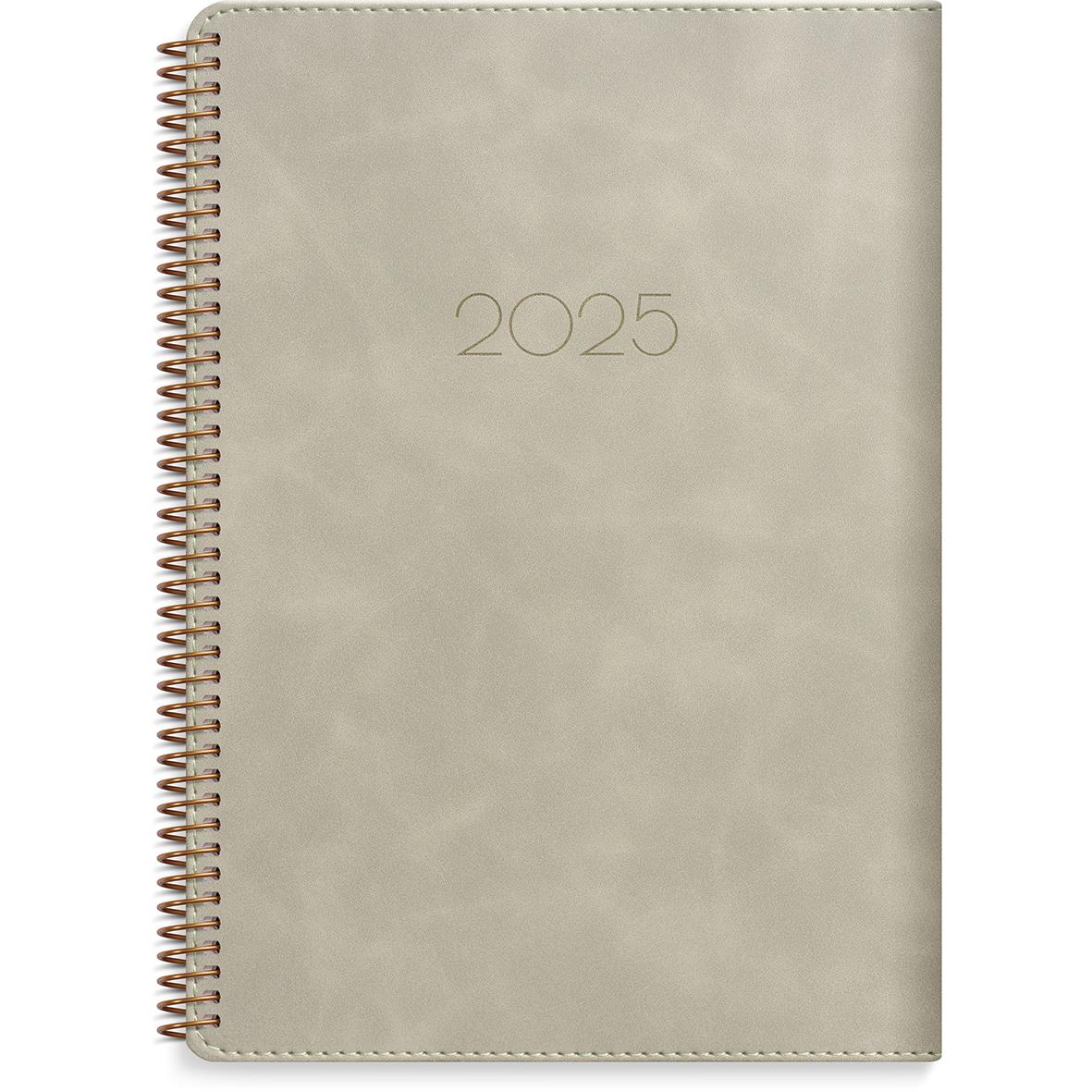 Beige almanacka för 2025 med spiralrygg och minimalistisk design