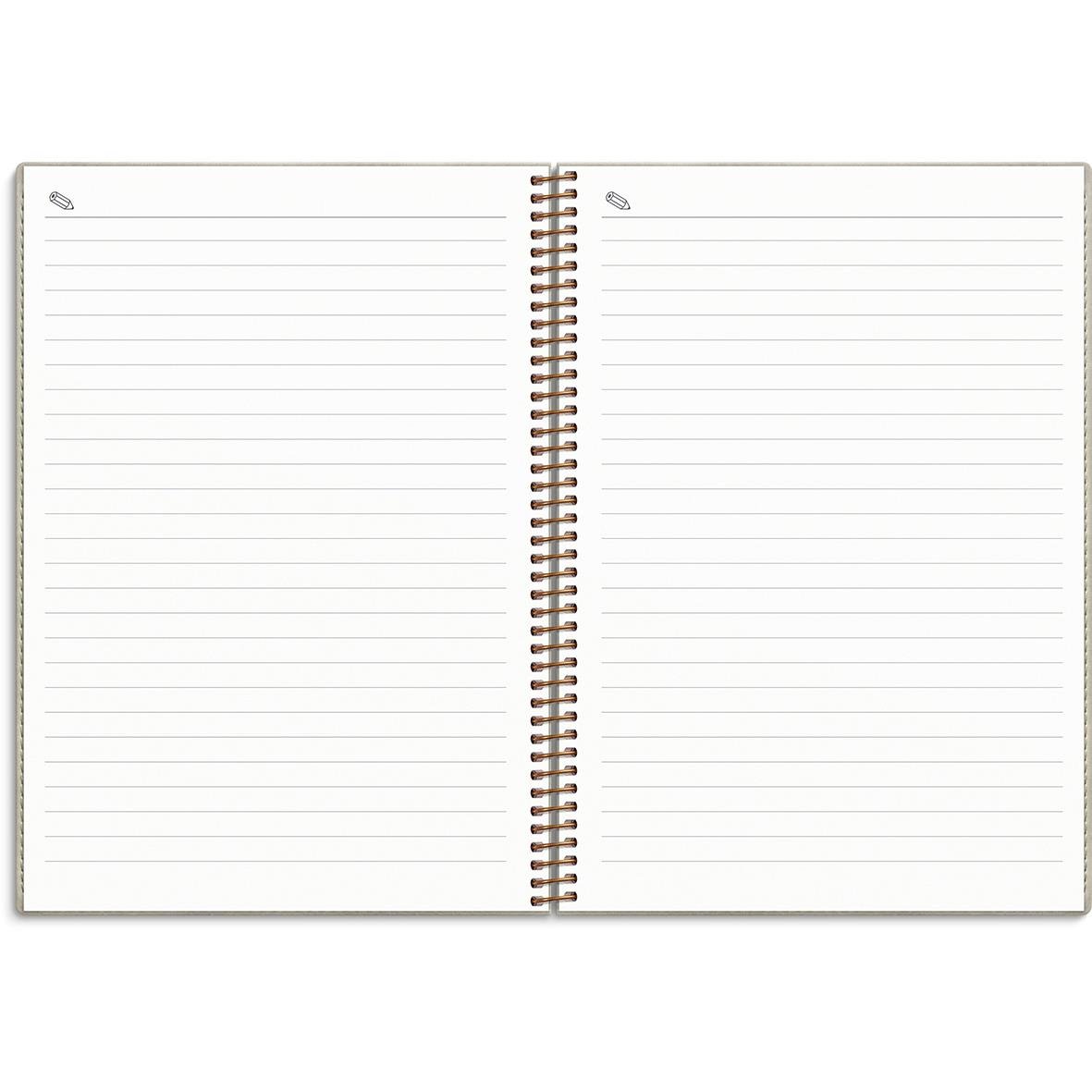 Öppen almanacka med linjerade sidor och spiralbindning, beige färg, för 2025