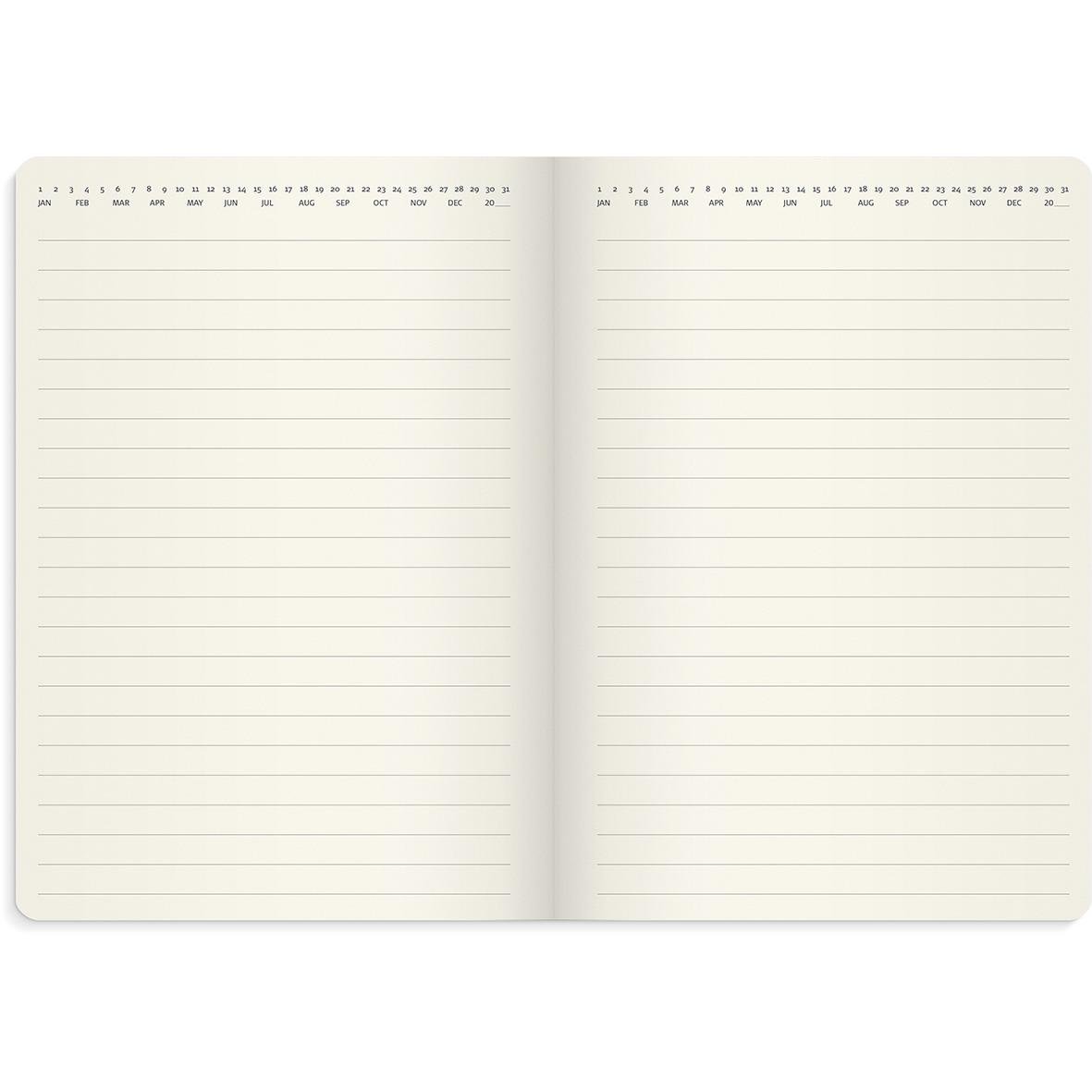 Svart almanacka med linjerade sidor för 2026, öppen och tom