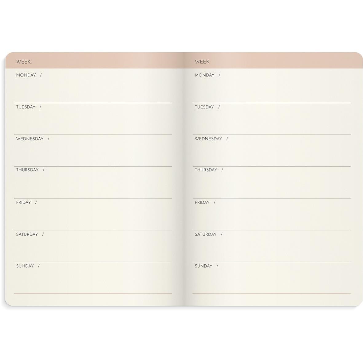 Öppnad veckoplanerare för 1052 med utrymme för varje veckodag, i beige och ljusa nyanser