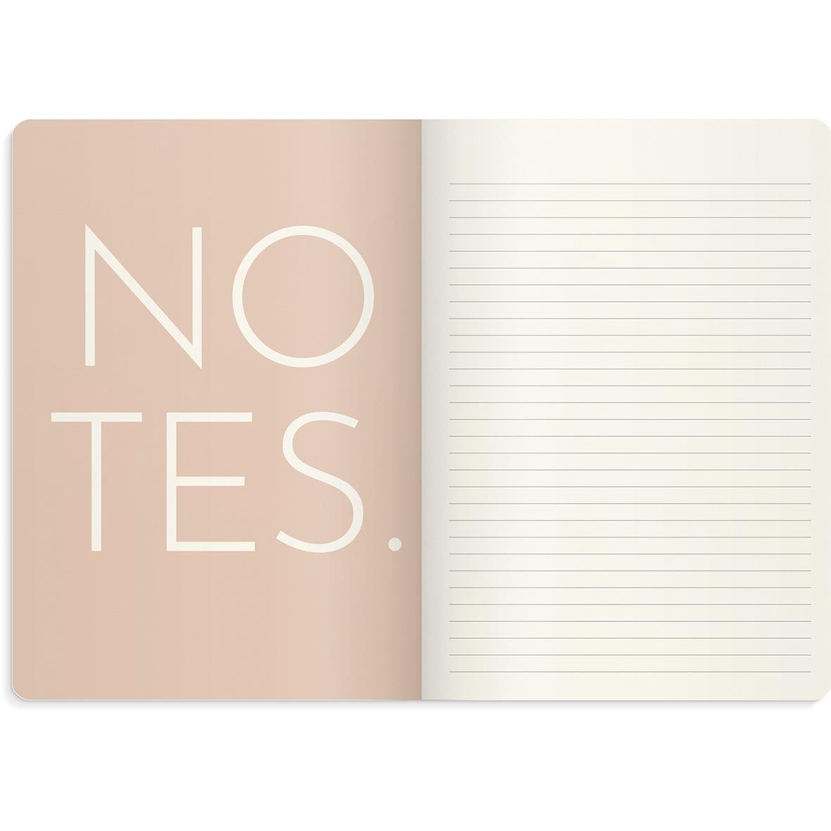 Öppen veckoplanerare med texten NOTES på vänster sida och linjerad sida för anteckningar på höger sida